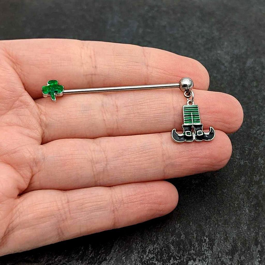 14G Leprechaun Legs Shamrock Dangle Industrial Barbell 38mm