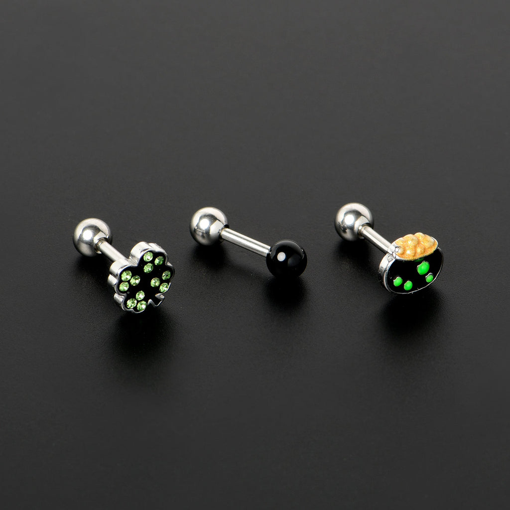16G 1/4 Green Gem  Shamrock Pot of Gold Cartilage Earring Curation Set of 3