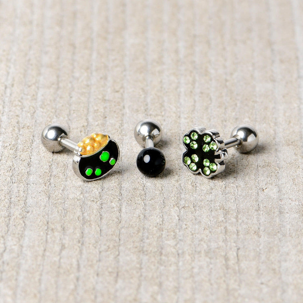 16G 1/4 Green Gem  Shamrock Pot of Gold Cartilage Earring Curation Set of 3