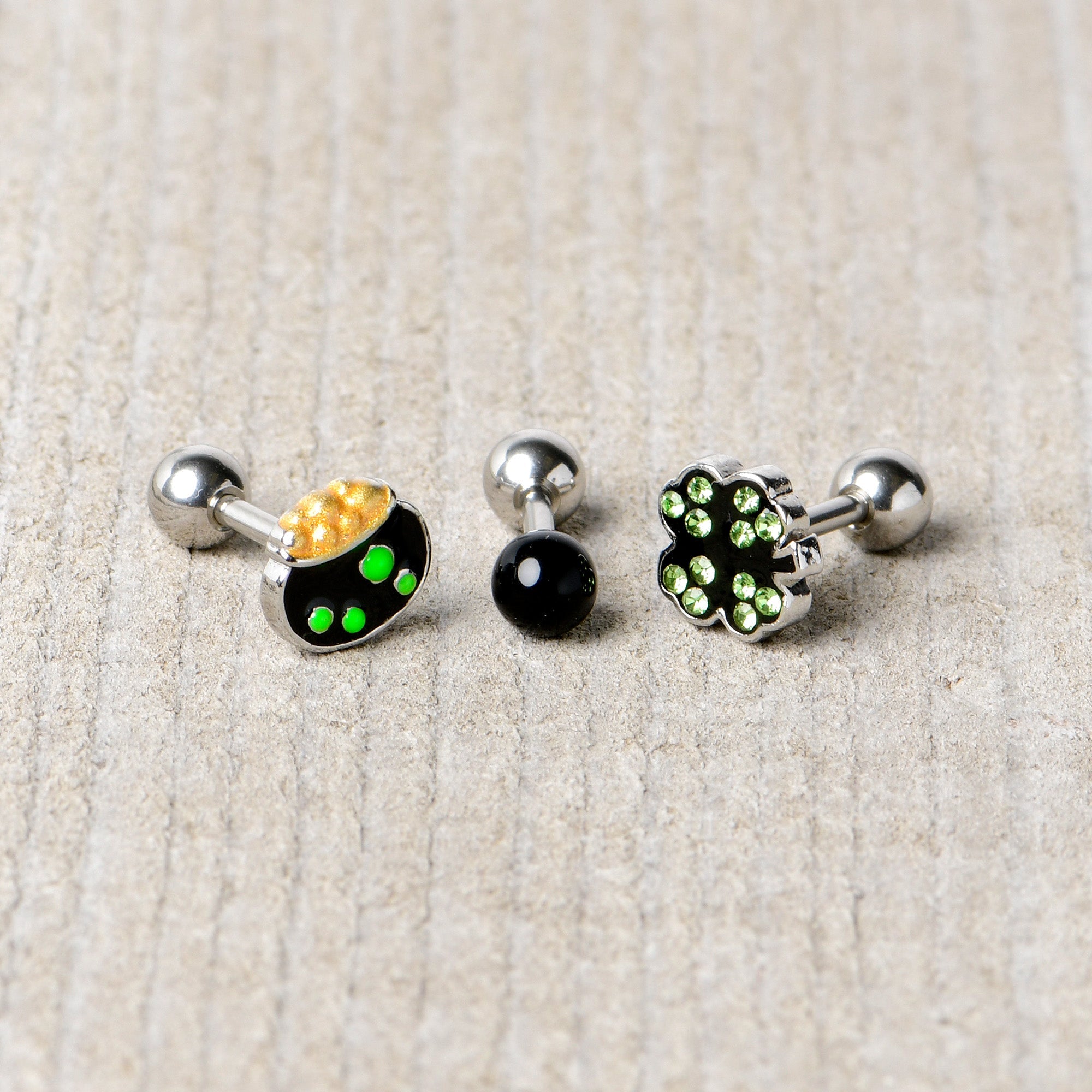 16G 1/4 Green Gem  Shamrock Pot of Gold Cartilage Earring Curation Set of 3