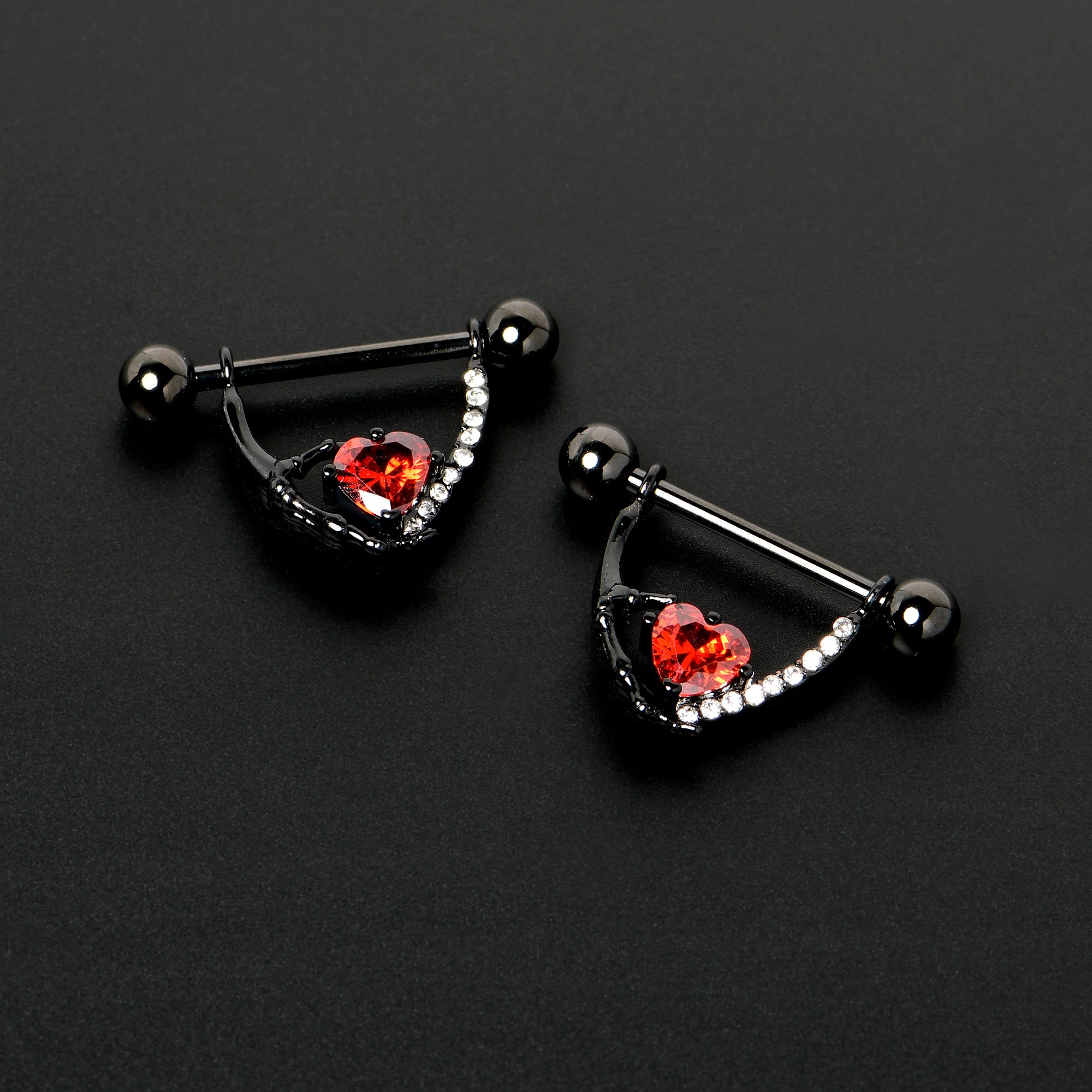 14G 11/16 Red Clear CZ Gem Heart Claw Hand Dangle Nipple Ring Set