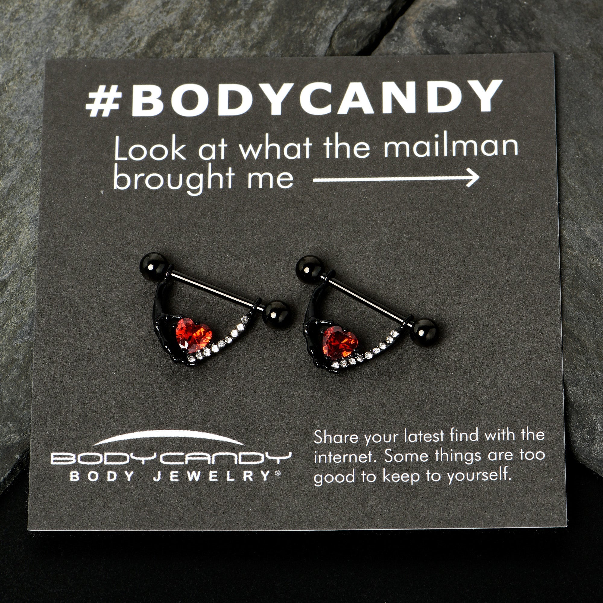 14G 11/16 Red Clear CZ Gem Heart Claw Hand Dangle Nipple Ring Set