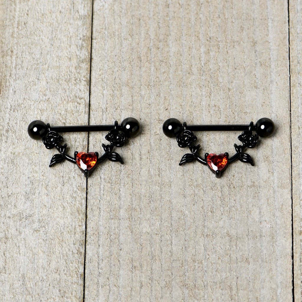 14G 11/16 Red CZ Gem Black Heart Flower Dangle Nipple Ring Set