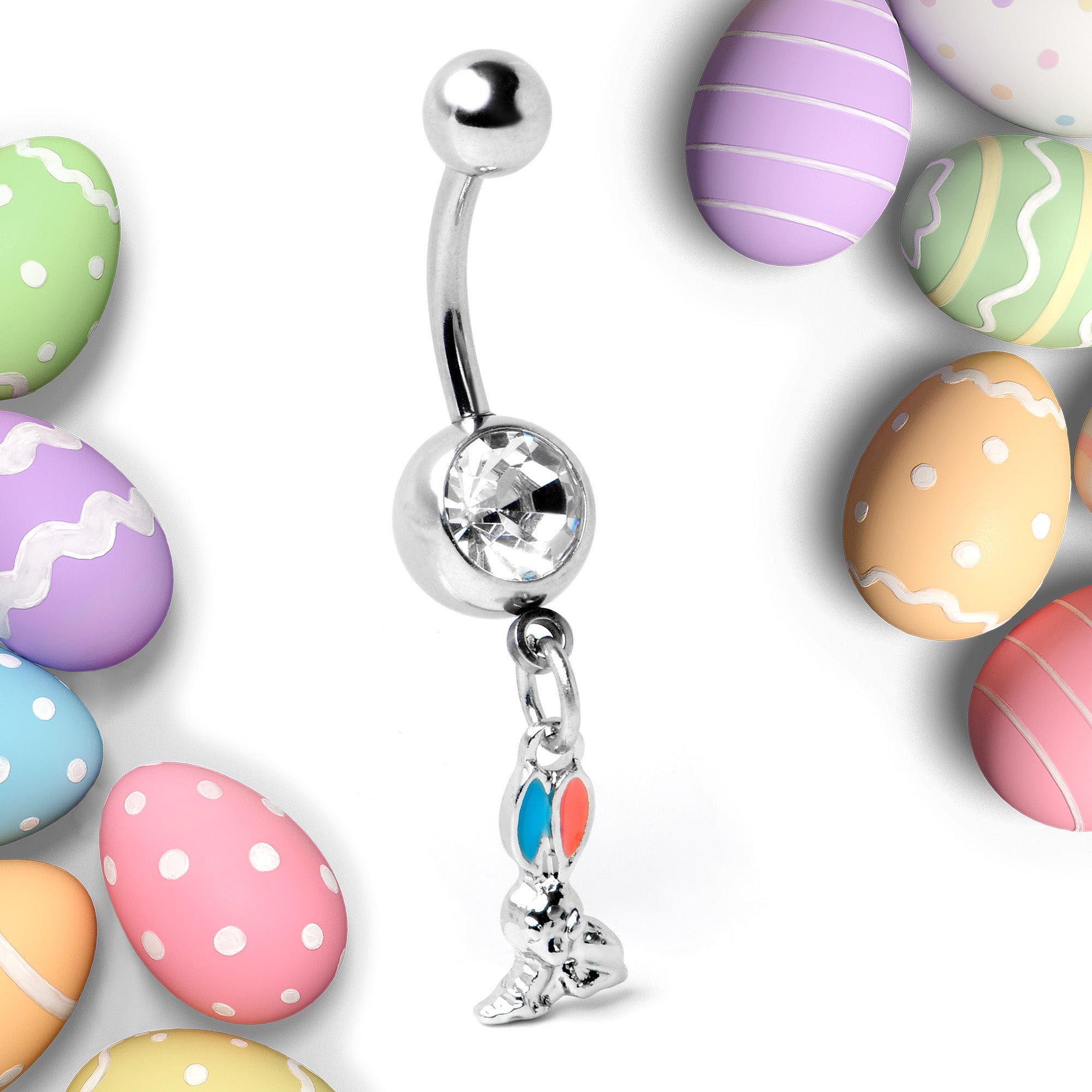 Clear Gem Easter Bunny Red Blue Ears Dangle Belly Ring