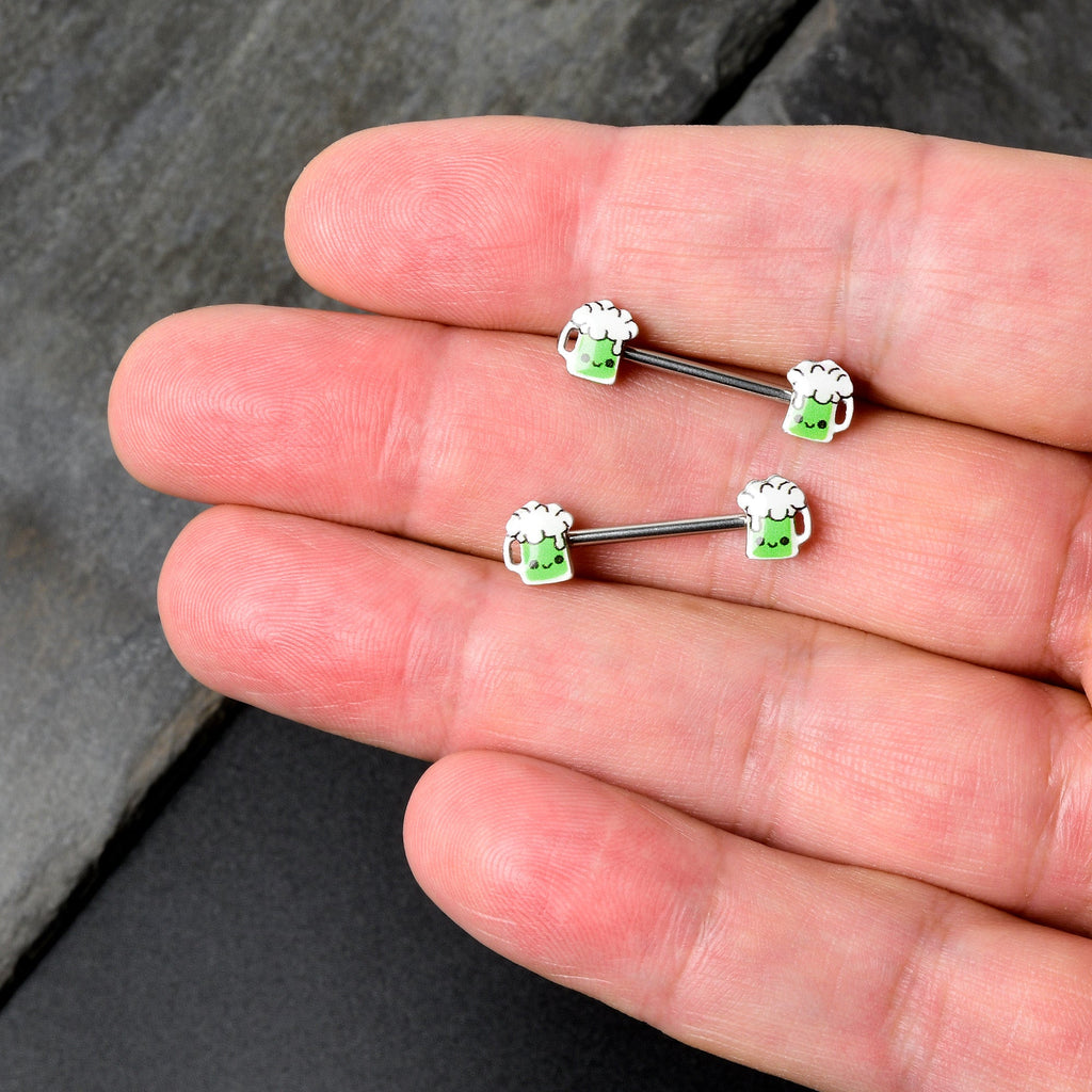 14G 9/16 Sweet Happy Green Beer St Patricks Day Nipple Ring Set