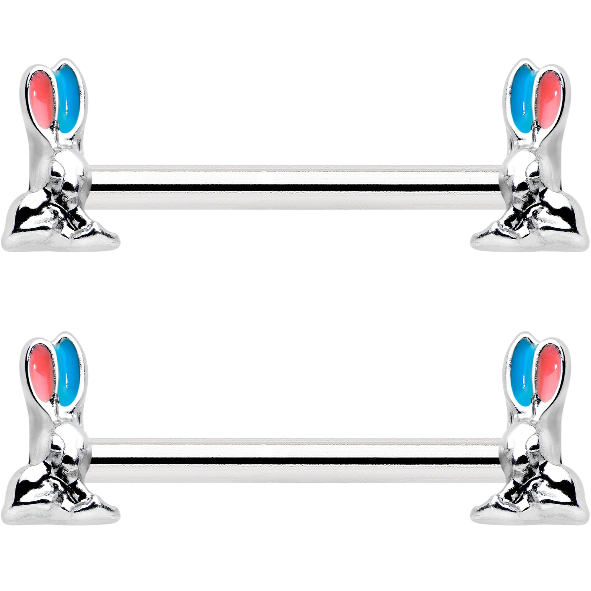 14G 9/16 Easter Bunny Blue Red Ears Barbell Nipple Ring Set