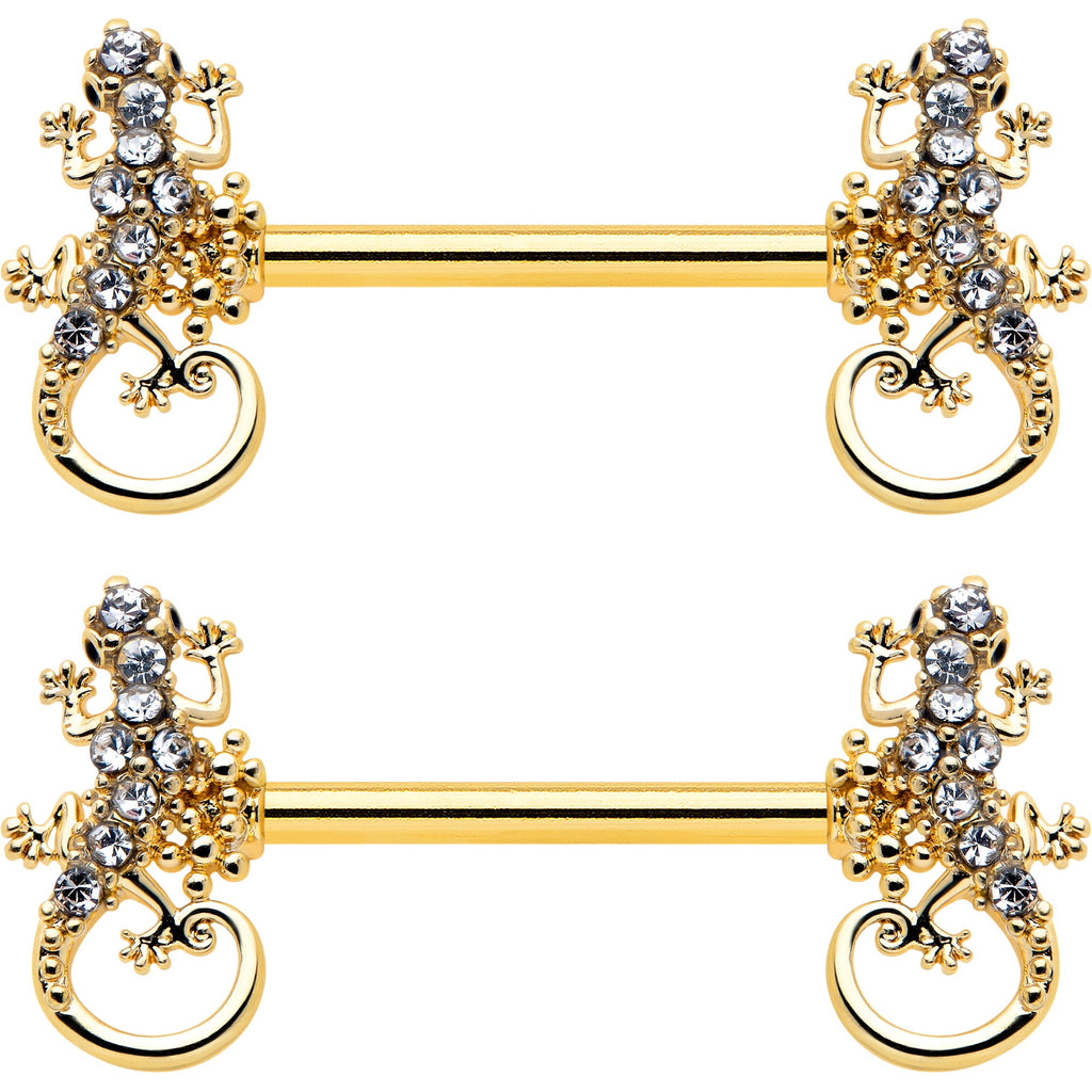 14G 9/16 Clear Gem Gold Hue Luscious Lizard Barbell Nipple Ring Set