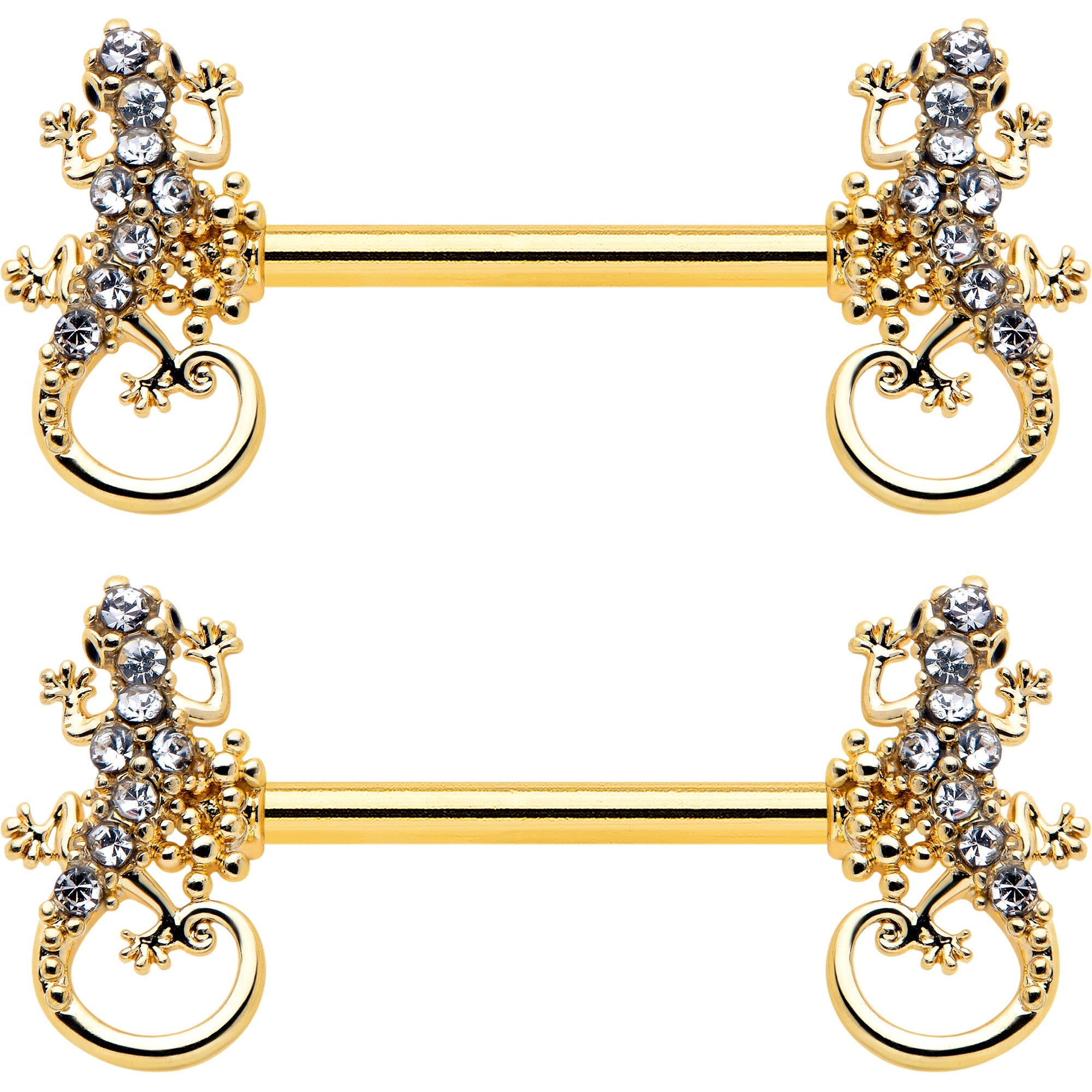 14G 9/16 Clear Gem Gold Hue Luscious Lizard Barbell Nipple Ring Set