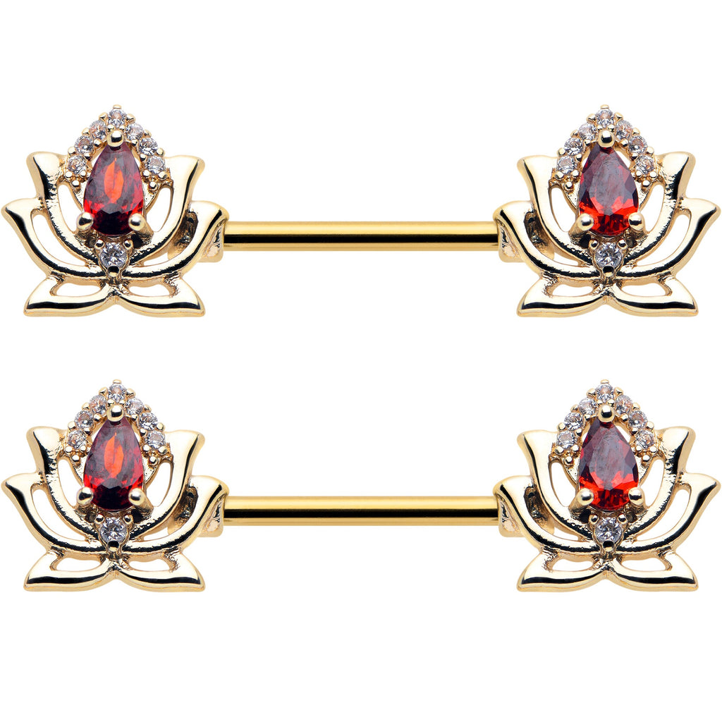 14G 9/16 Red Gem Gold Tone Royal Lotus Barbell Nipple Ring Set