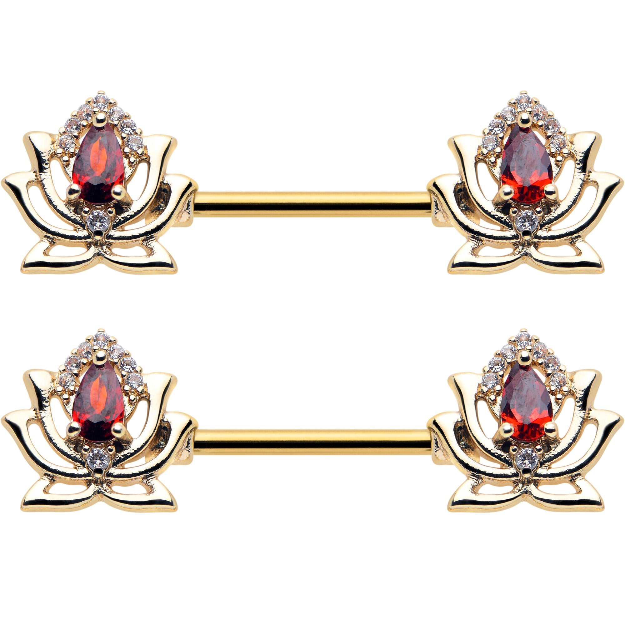 14G 9/16 Red Gem Gold Tone Royal Lotus Barbell Nipple Ring Set