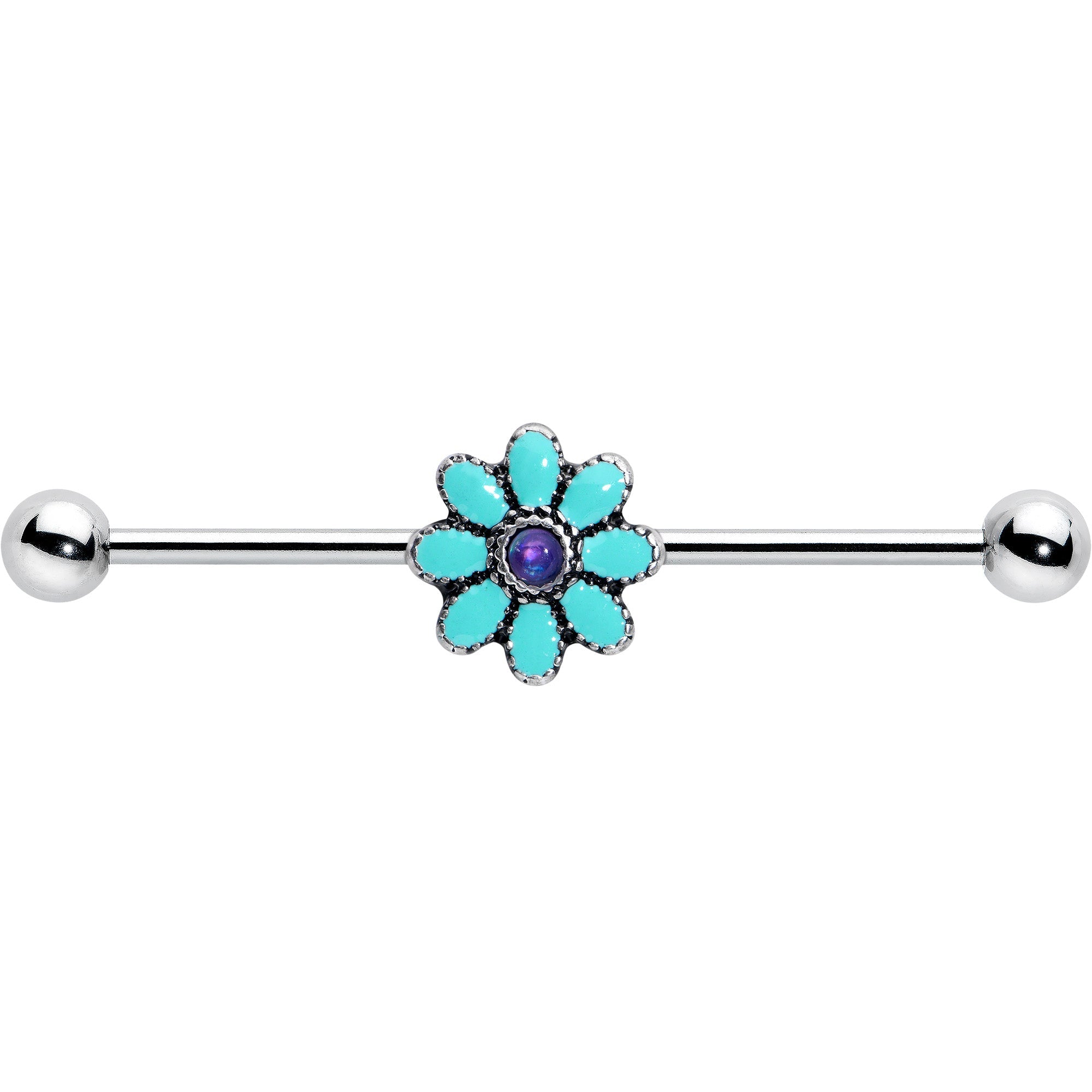 14G Blue Faux Opal Flower Teal Petals Industrial Barbell 38mm