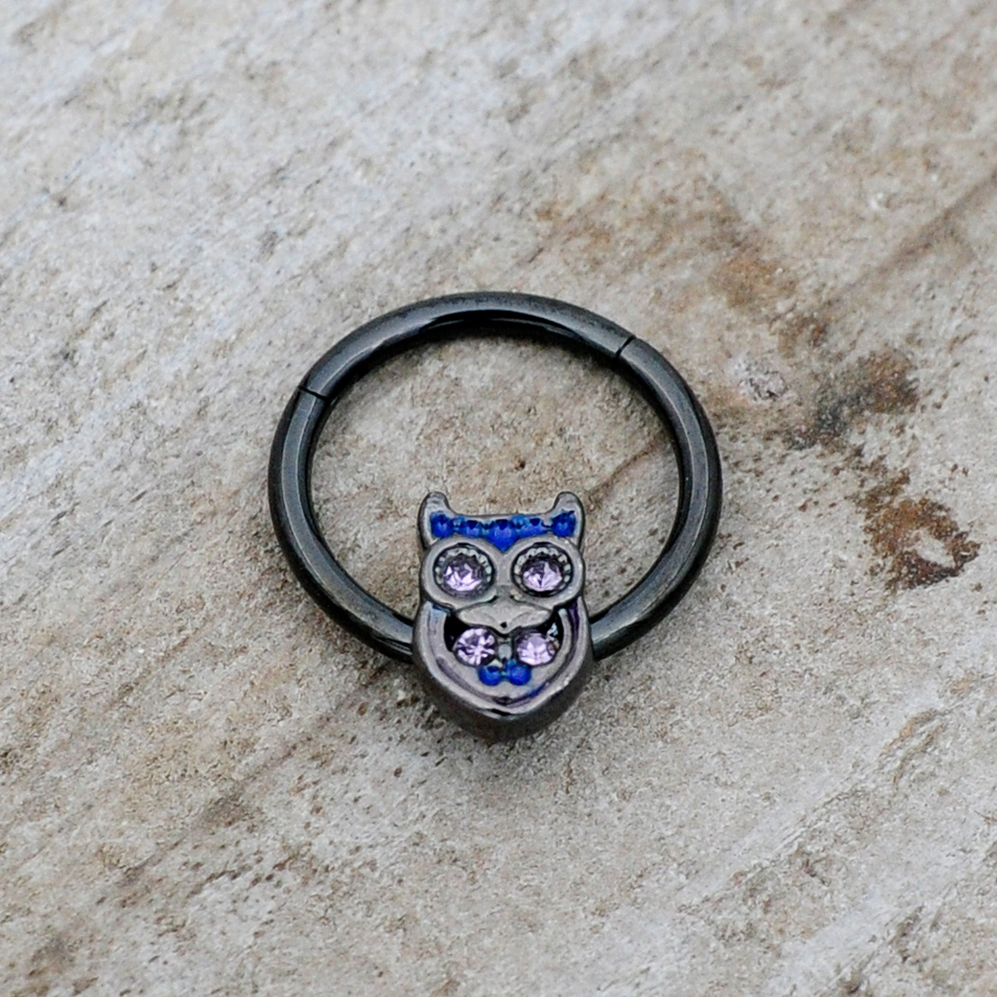 16G 3/8 Purple Gem Black Opulent Owl Hinged Segment Ring