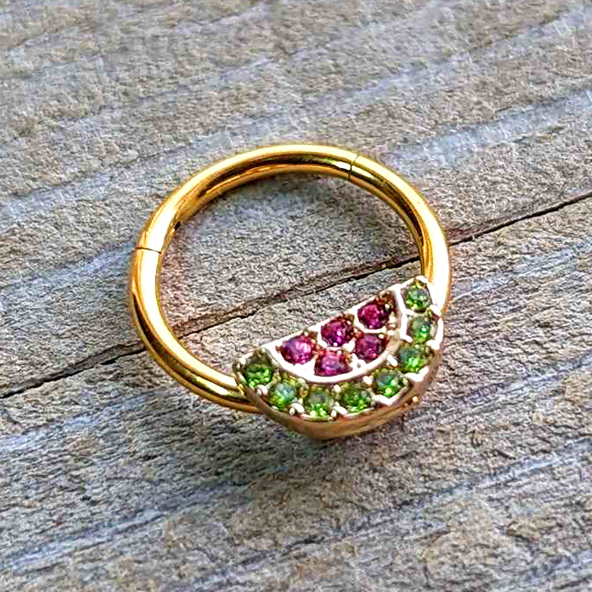 16G 3/8 Pink Green Gem Gold Hue Watermelon Yum Hinged Segment Ring