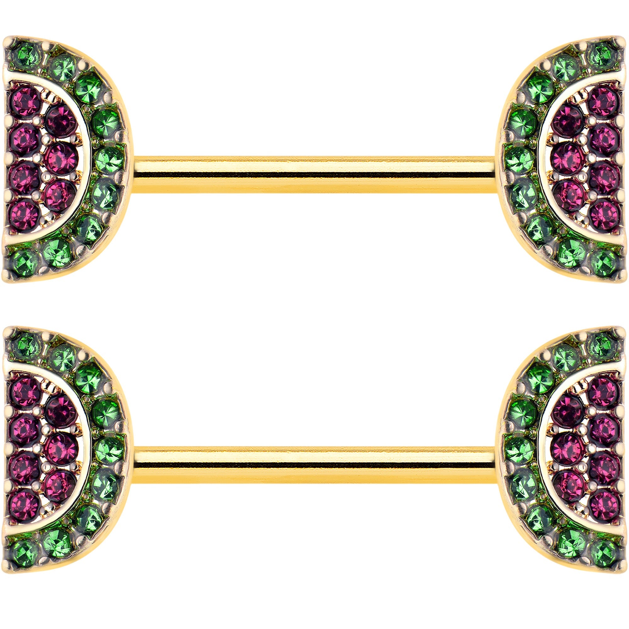 14G 9/16 Pink Gem Gold Hue Watermelon Yum Barbell Nipple Ring Set