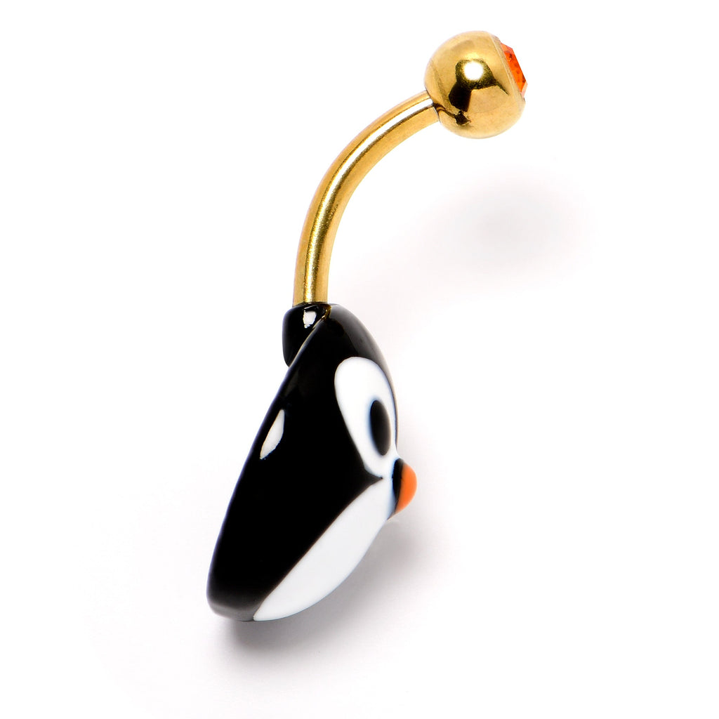 Red Gem Gold Tone Round Face Penguin Holiday Winter Belly Ring