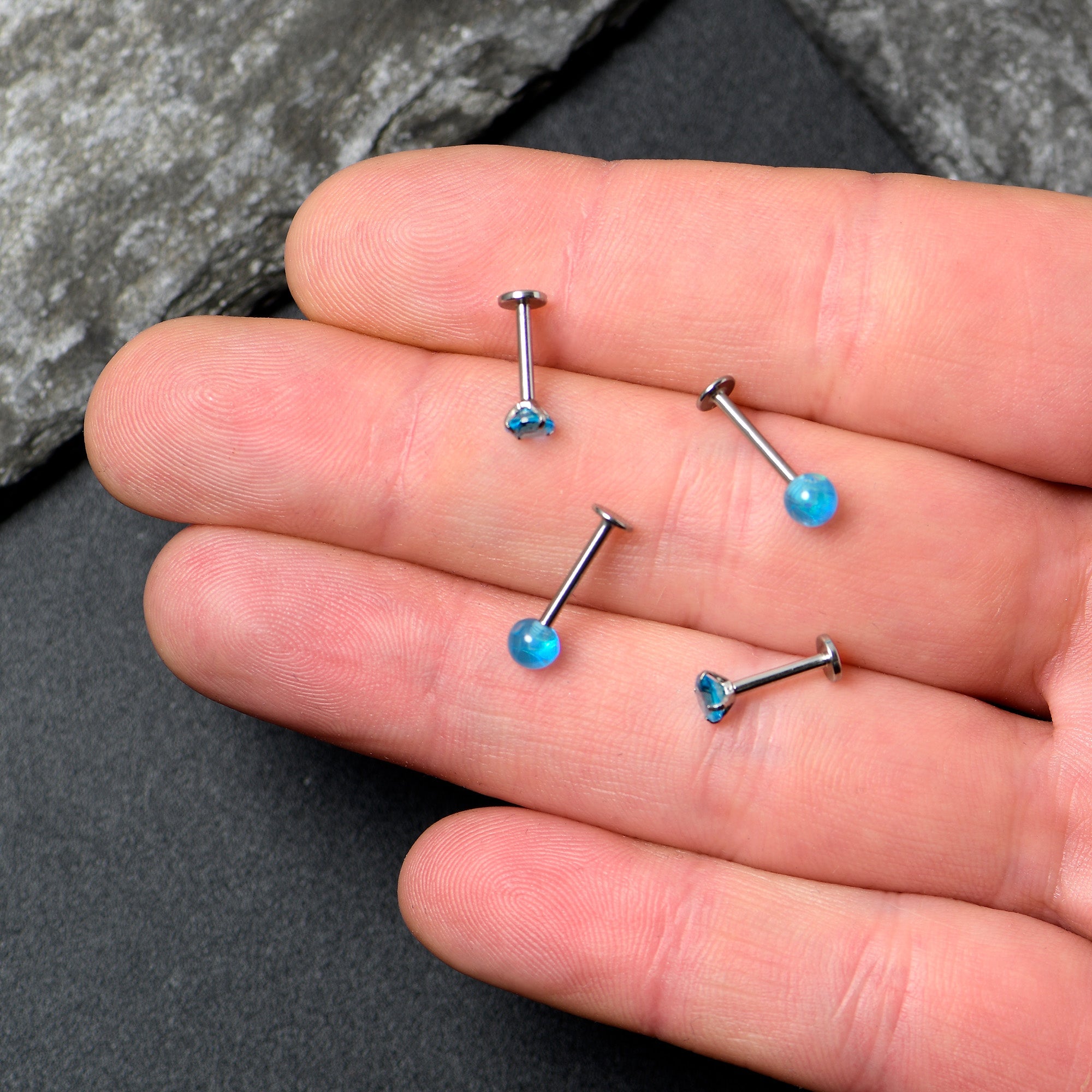 16G 5/16 3/8 Blue Gem Faux Opal Labret Monroe Tragus Set of 4