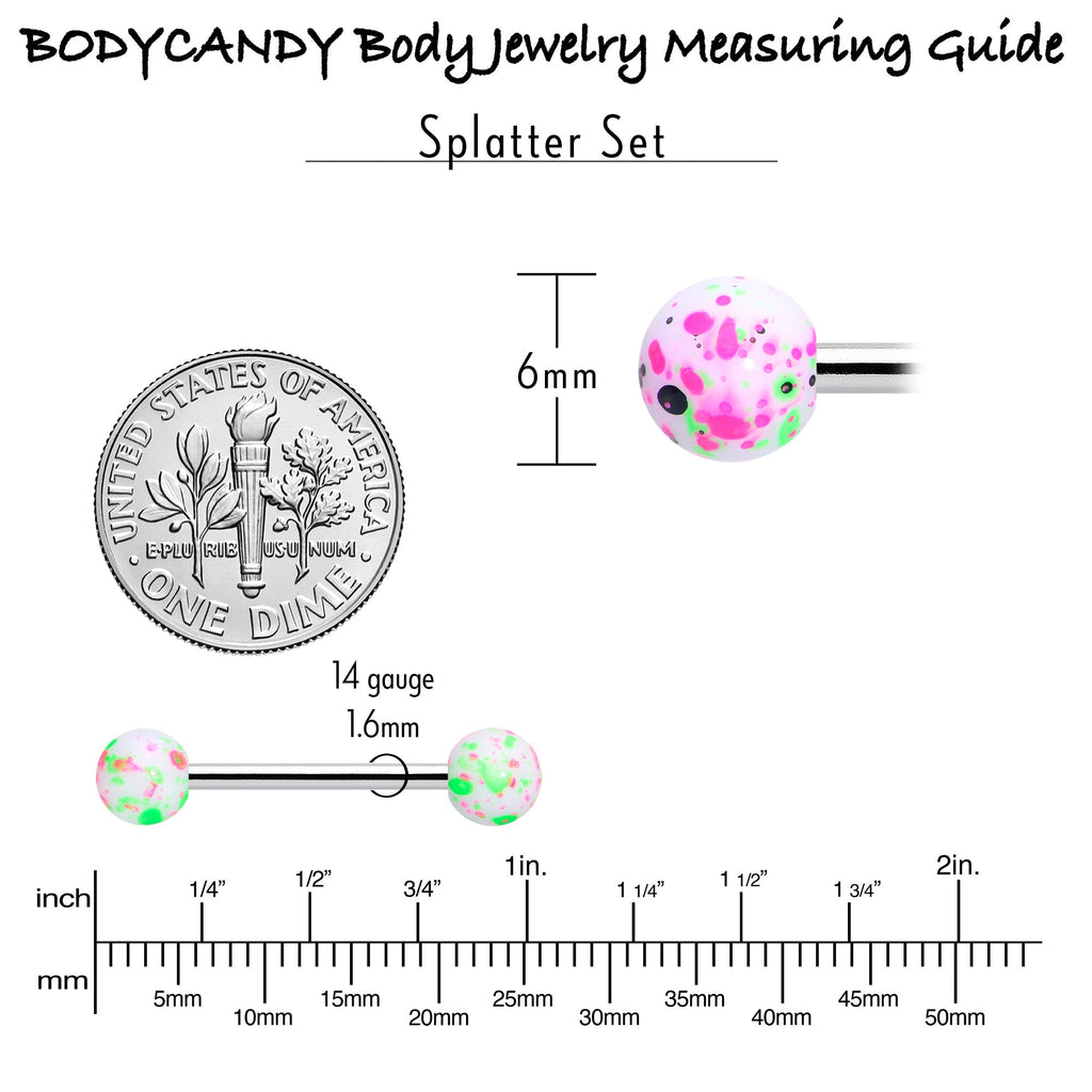 Green Blue Pink Splatter Barbell Tongue Ring Set of 4