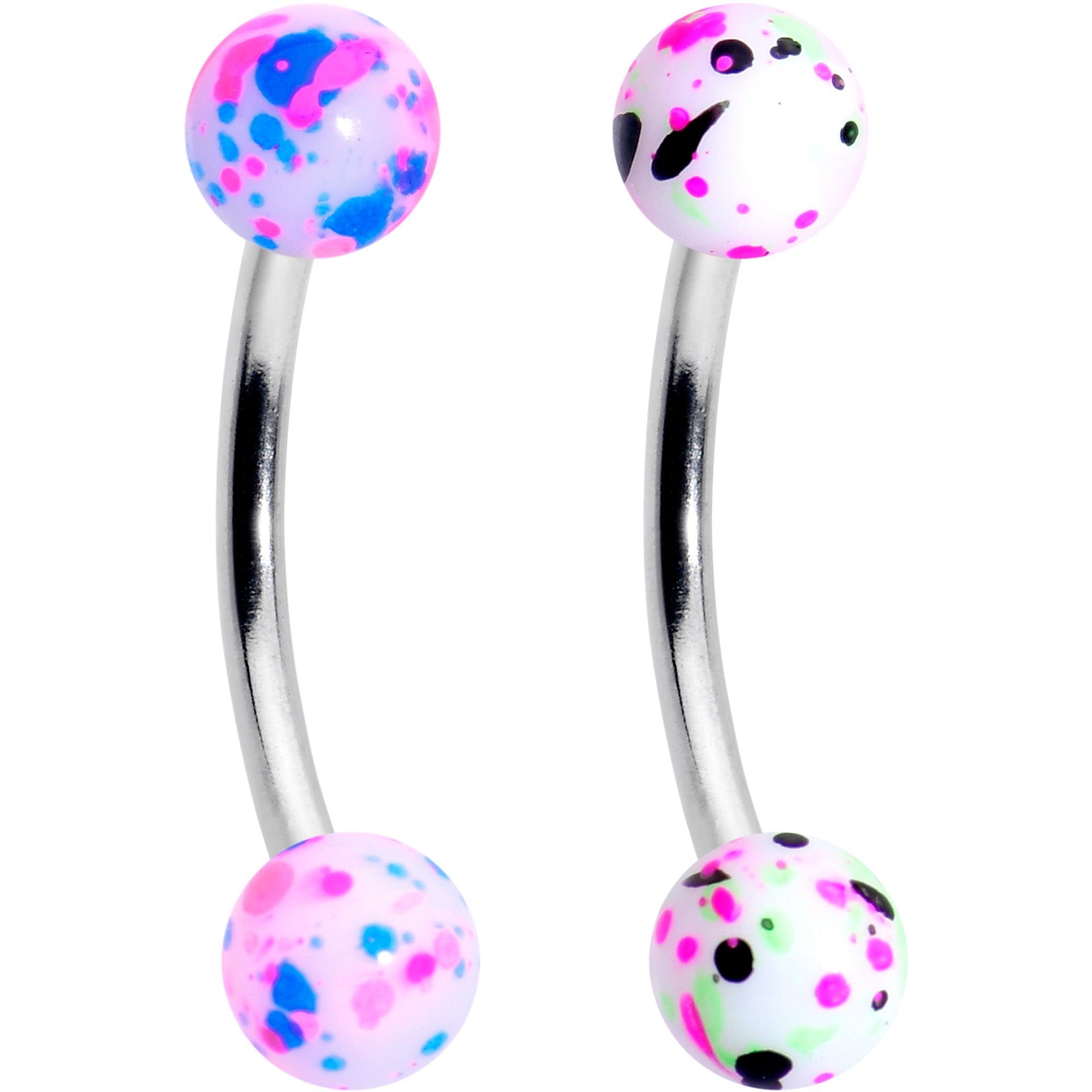 16G 3/8 Splatter Pink Green Blue Curved Eyebrow Ring Set of 4