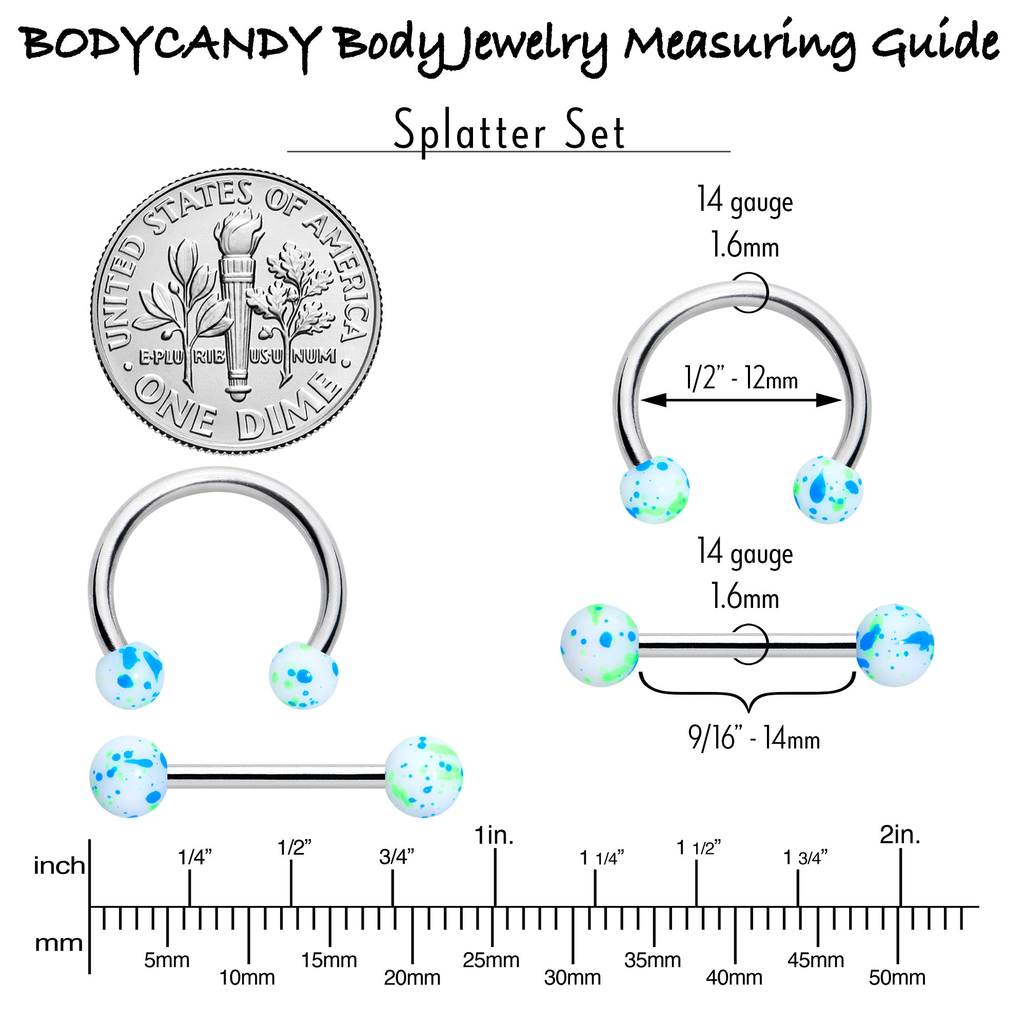 14G 9/16 1/2 Splatter Blue Green Barbell Horseshoe Nipple Ring Set of 4