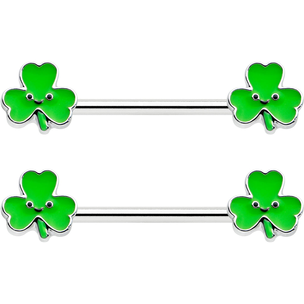 14G 9/16 Kawaii Smile Shamrock St Patricks Barbell Nipple Ring Set