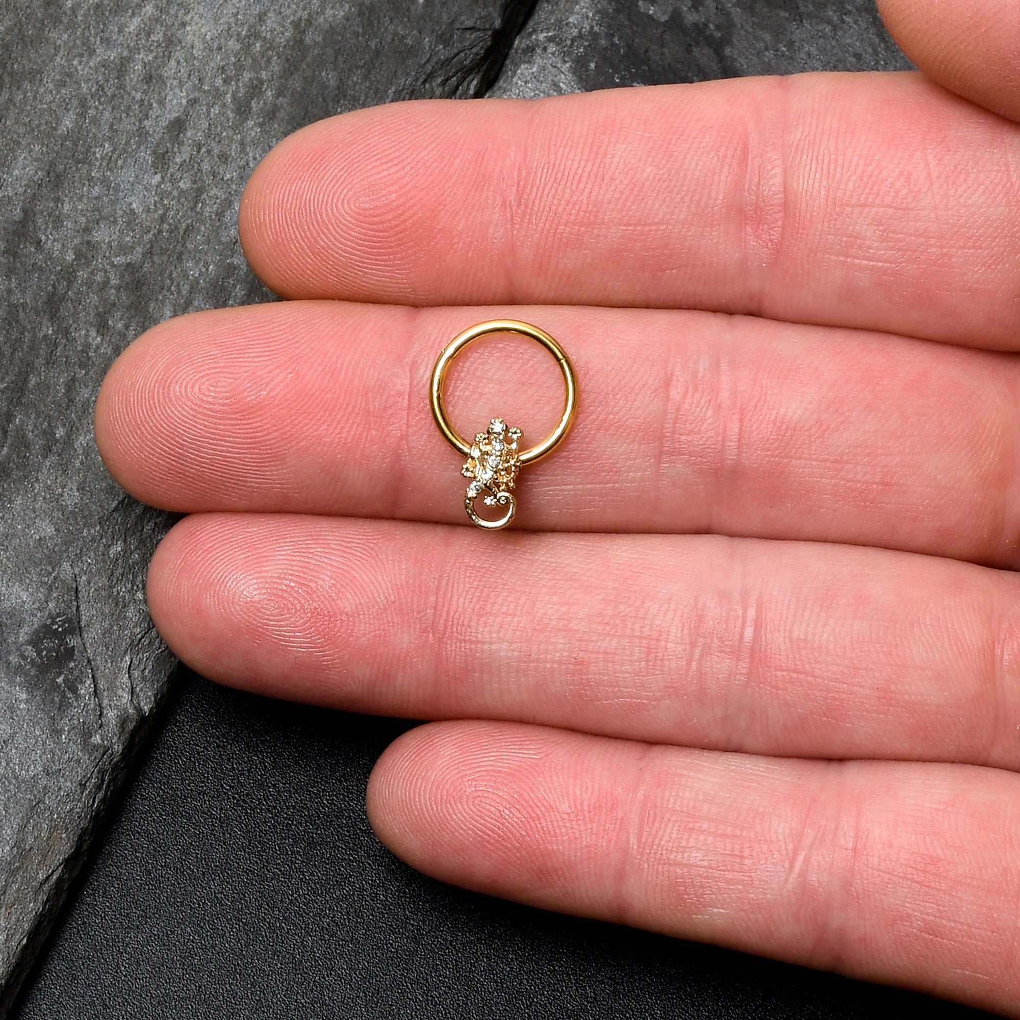 16G 3/8 Clear Gem Gold Tone Luscious Lizard Hinged Segment Ring