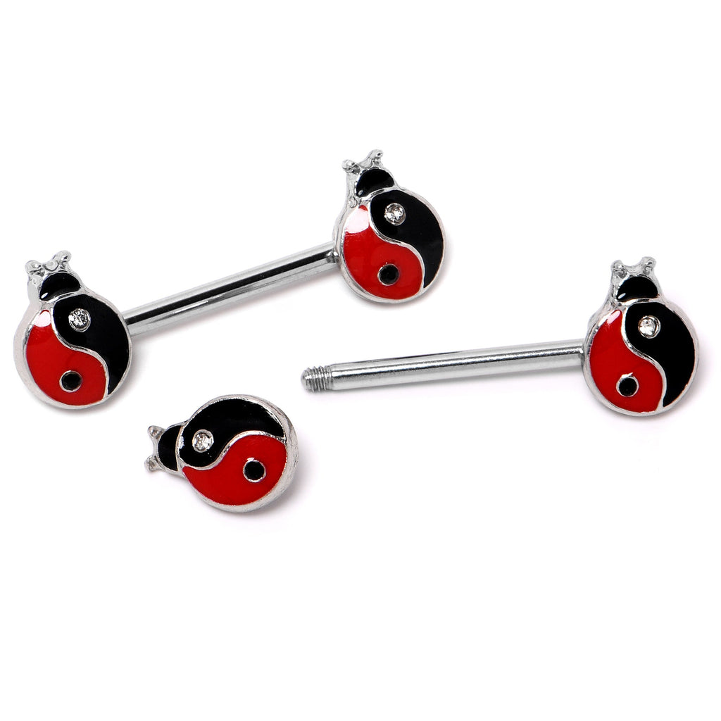 14G 9/16 Clear Gem Ladybug Yin Yang Barbell Nipple Ring Set
