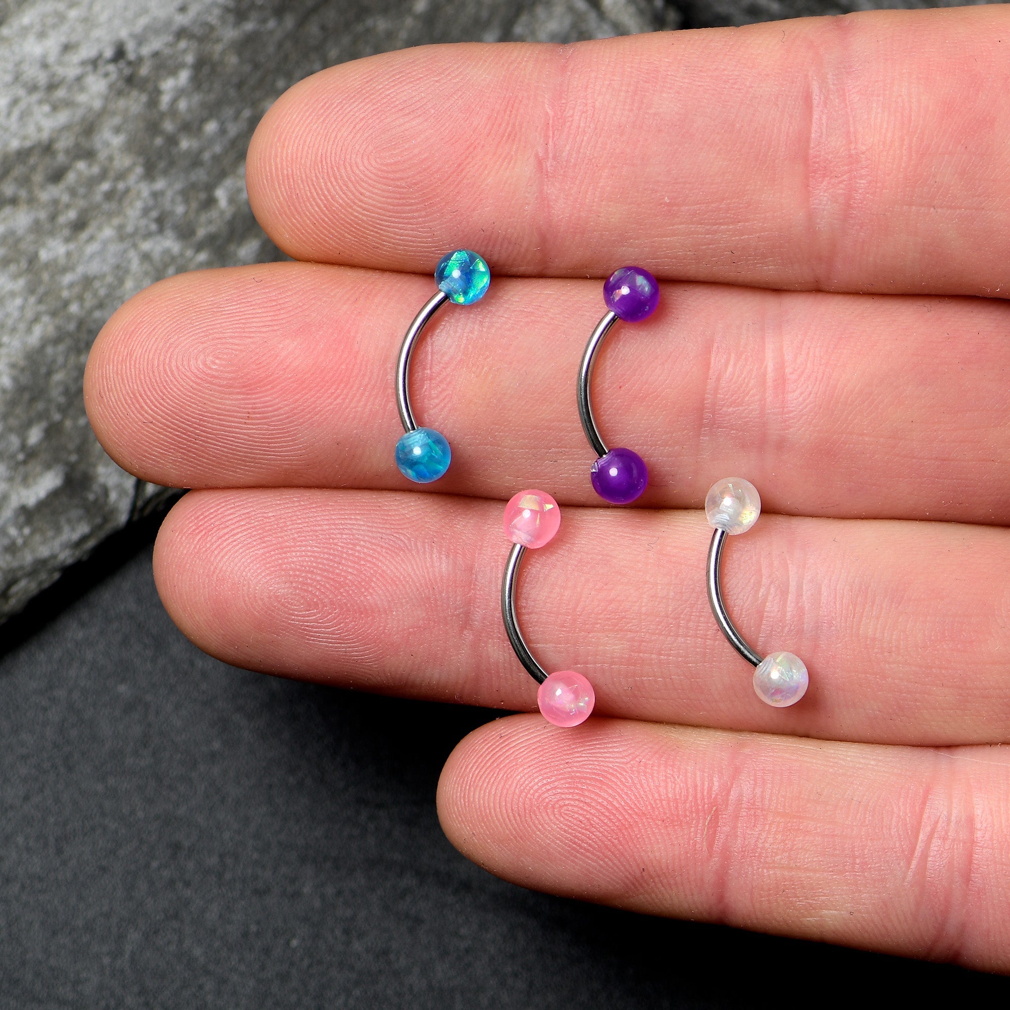 16G 3/8 Pink White Purple Faux Opal PackCurved Eyebrow Ring Set of 4
