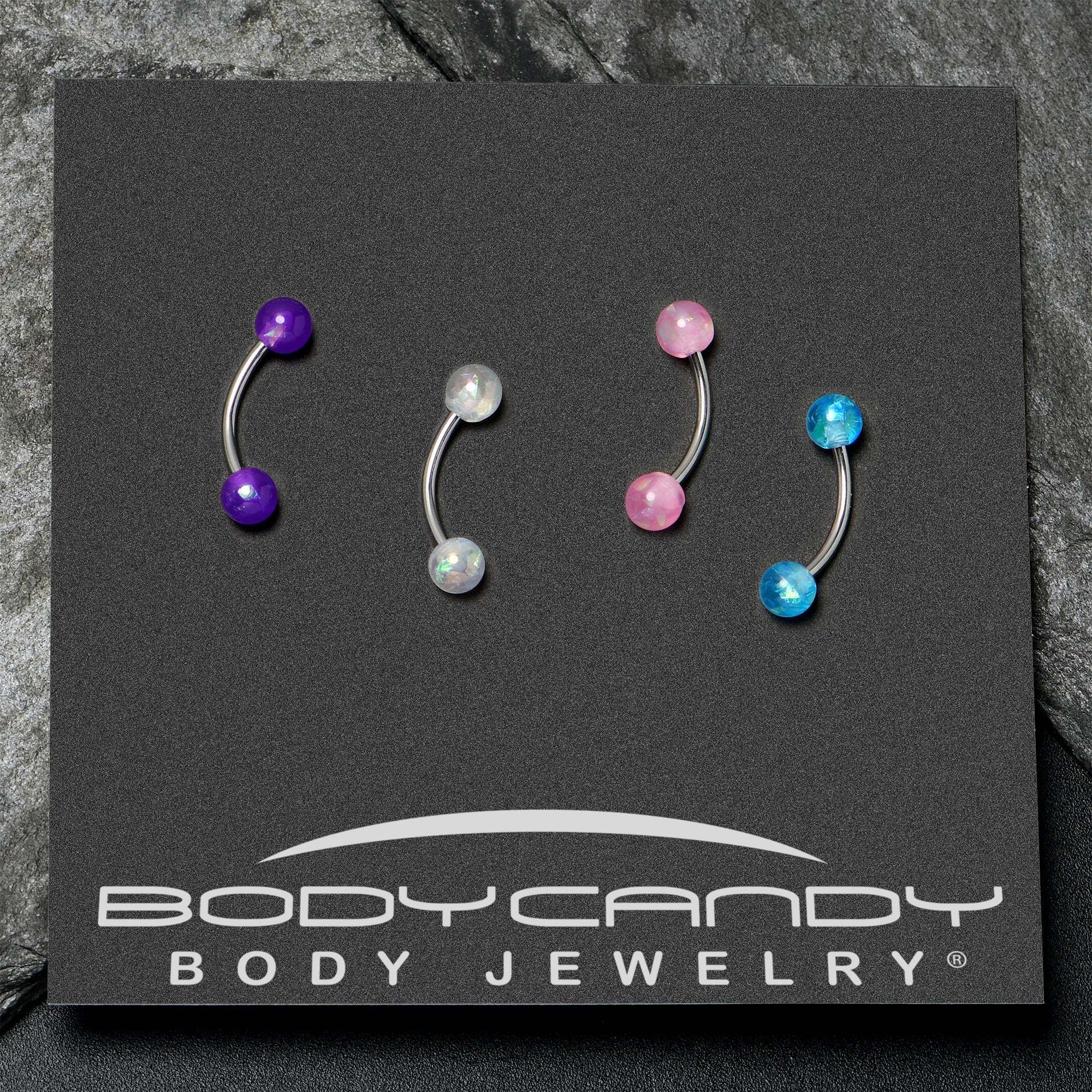 16G 3/8 Pink White Purple Faux Opal PackCurved Eyebrow Ring Set of 4