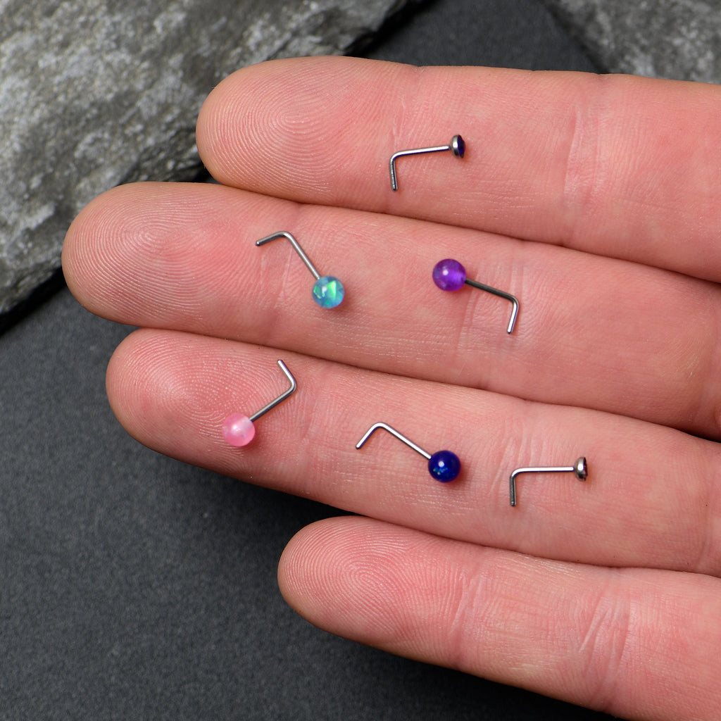 20G 1/4 Purple Gem Blue Pink Faux Opal Pack L Shape Nose Ring Set of 6