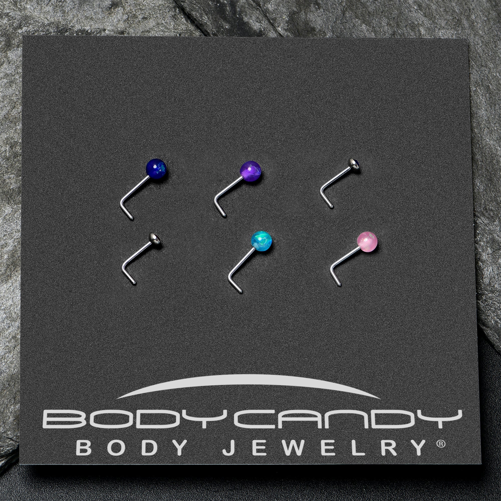 20G 1/4 Purple Gem Blue Pink Faux Opal Pack L Shape Nose Ring Set of 6