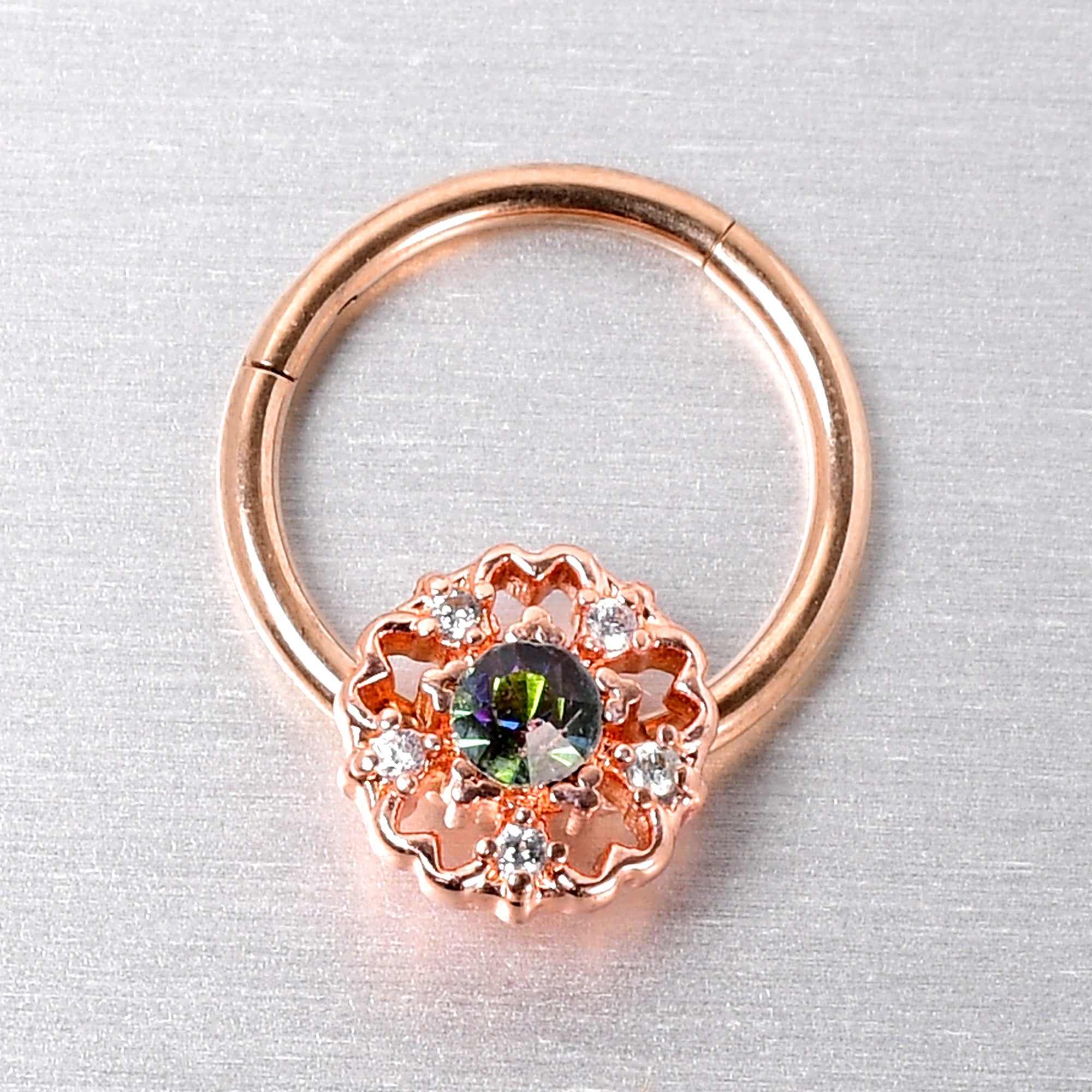 16G 3/8 Vitrail Gem Rose Gold Hue Flower Hinged Segment Ring