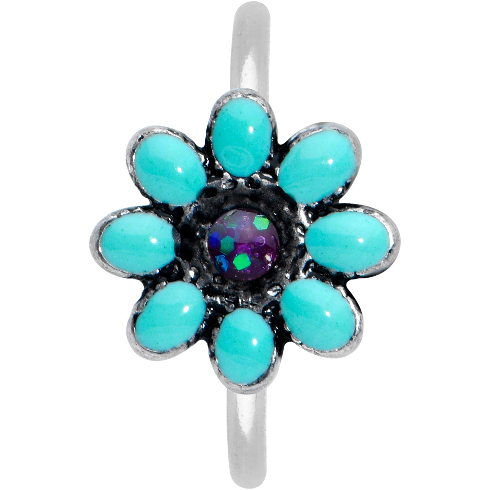 20G 5/16 Blue Gem Flower Teal Petals Nose Hoop