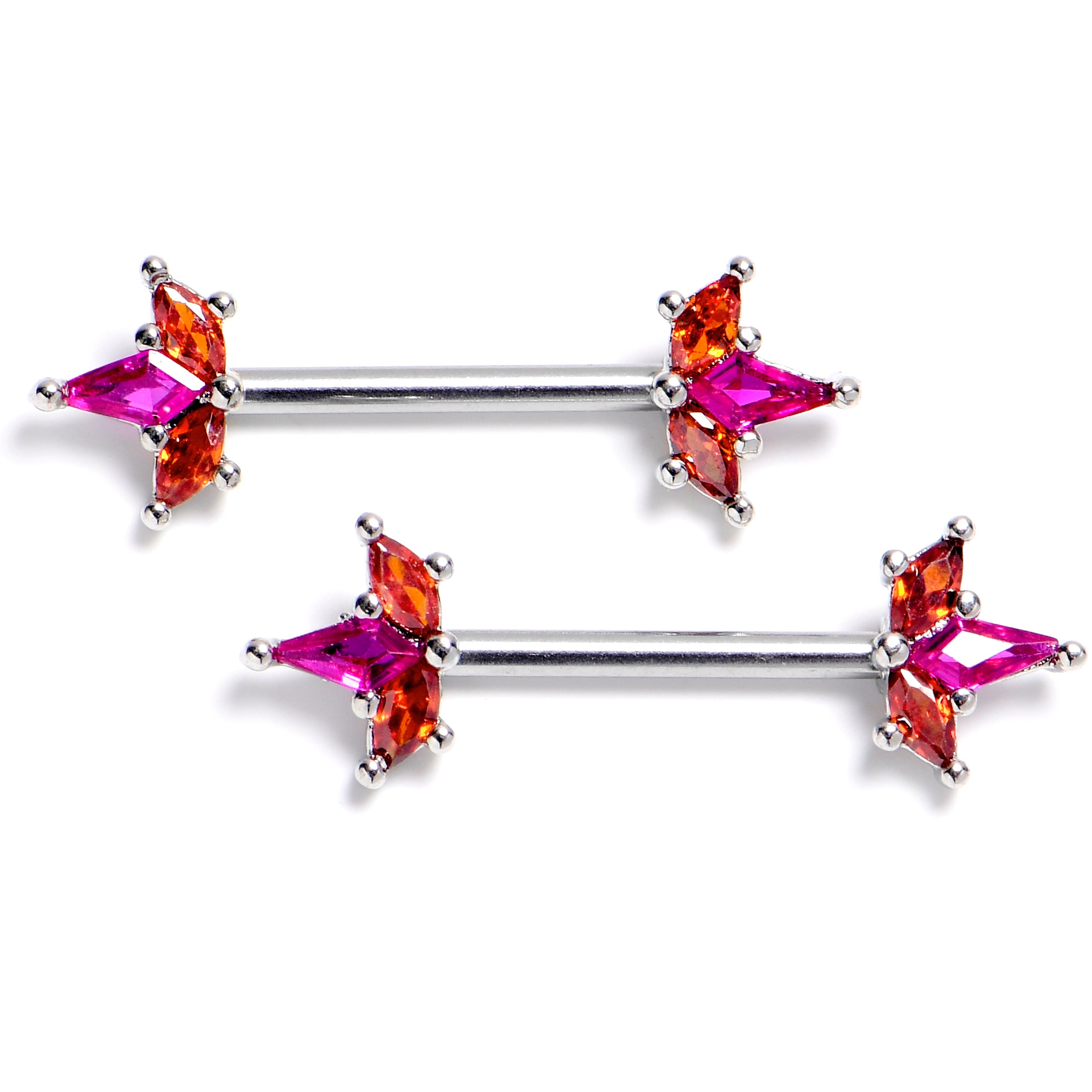 14G 9/16 Orange Pink Gem Abstract Fire Barbell Nipple Ring Set