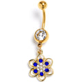 Clear Blue Gem Gold Tone Radiant Bloom Dangle Belly Ring