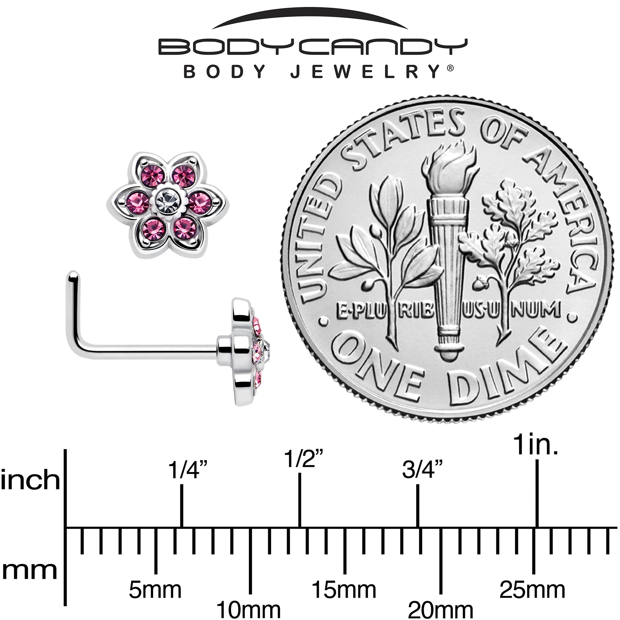 20G 7mm Pink Radiant Blossom Flower L Shape Nose Ring