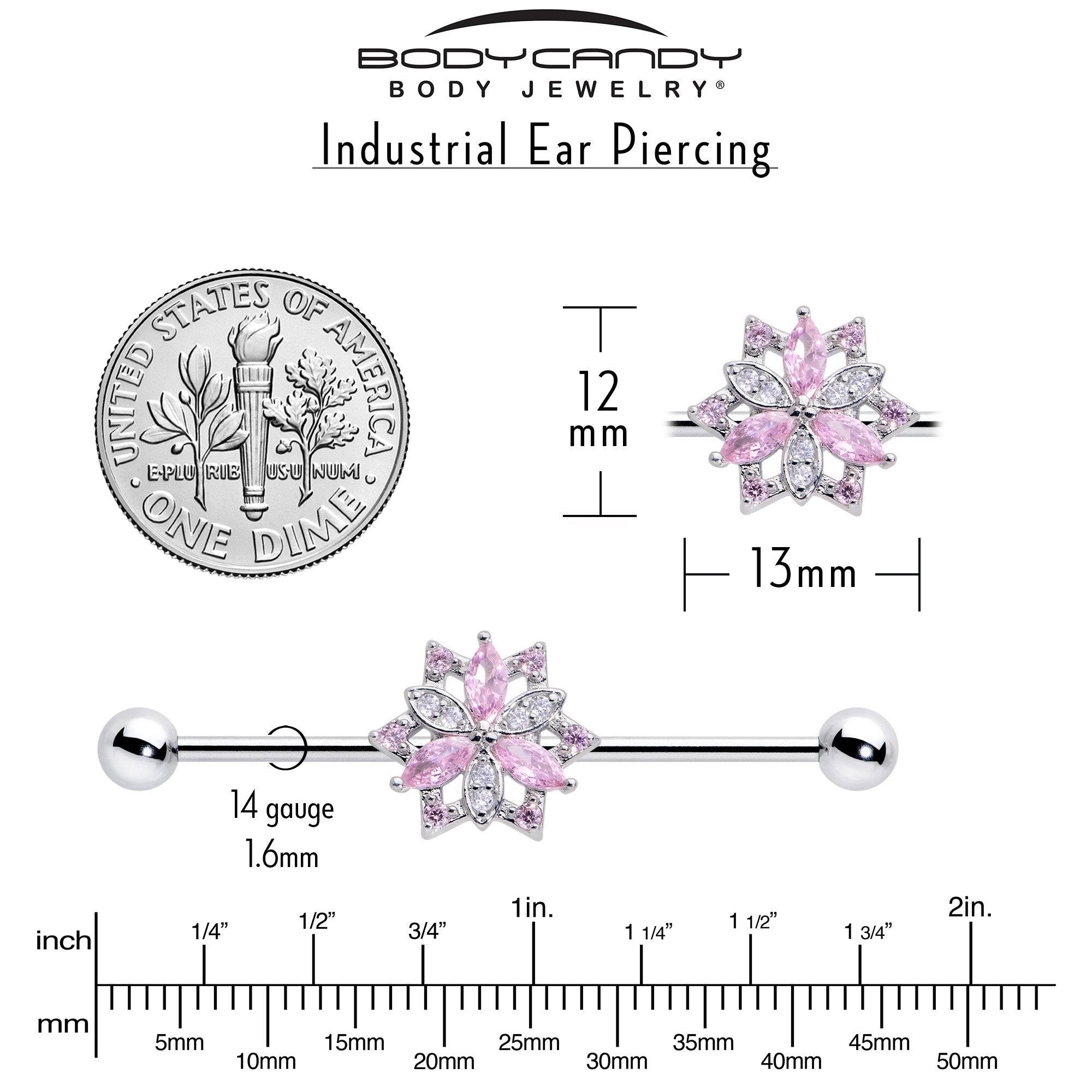 14G Pink Clear CZ Gem Snowflake Style Industrial Barbell 38mm