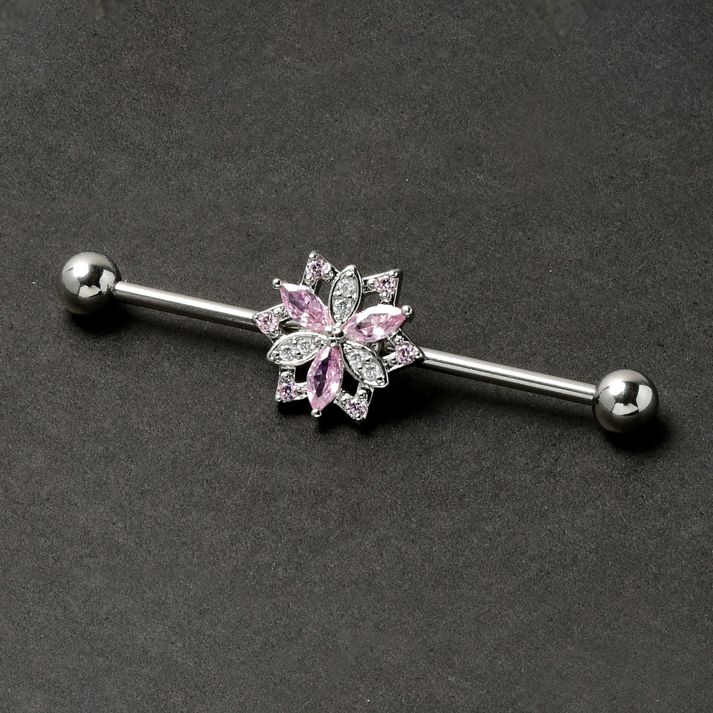 14G Pink Clear CZ Gem Snowflake Style Industrial Barbell 38mm