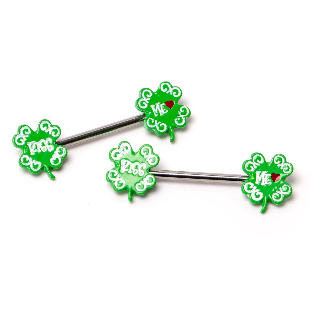 14G 9/16 Kiss Me Shamrock St Patricks Barbell Nipple Ring Set