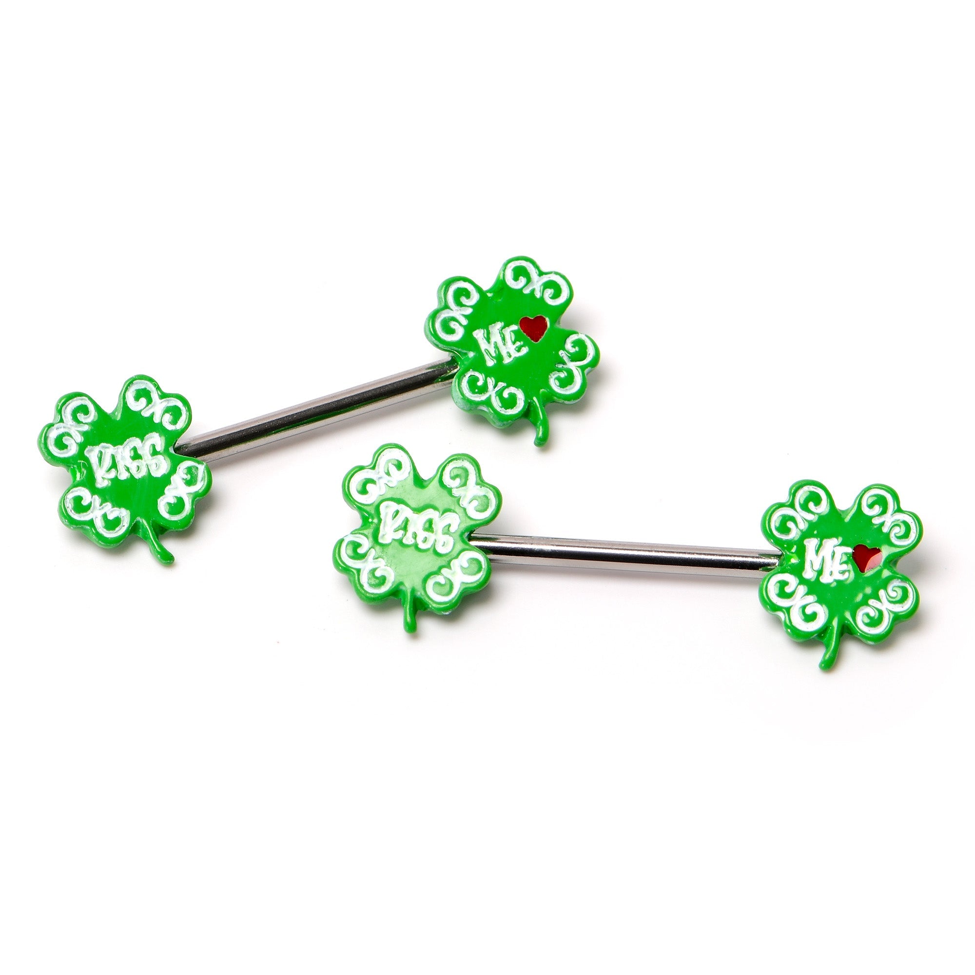 14G 9/16 Kiss Me Shamrock St Patricks Barbell Nipple Ring Set
