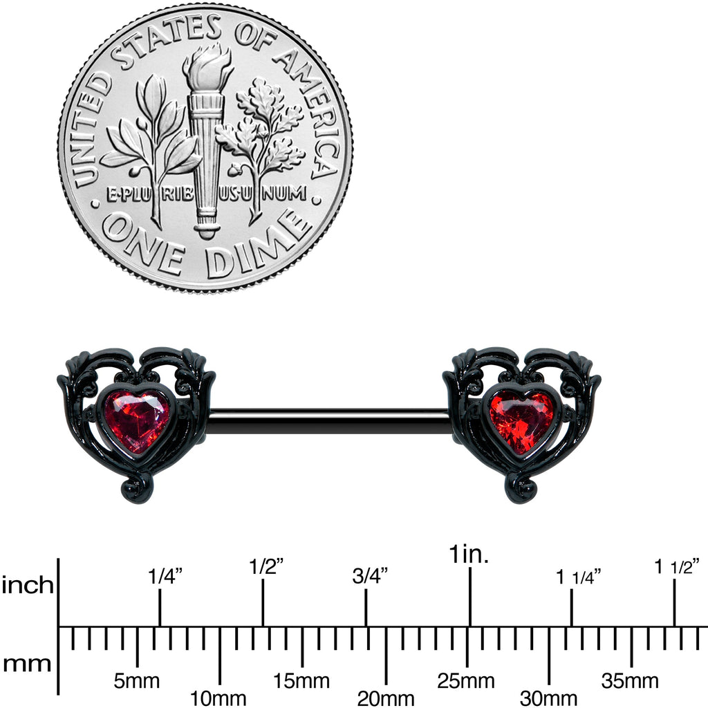 14G 9/16 Red CZ Gem Black Passion Heart Barbell Nipple Ring Set