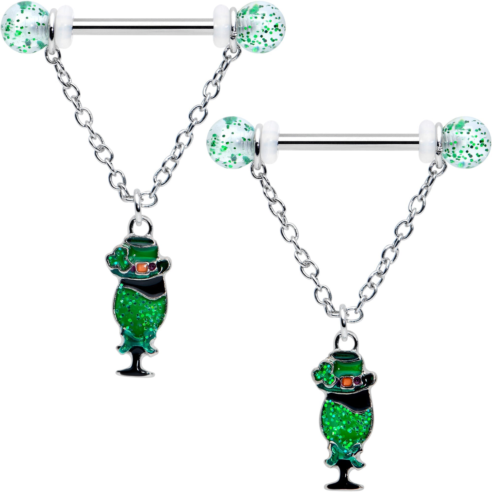 14G 9/16 Fancy Leprechaun St Patricks Chain Dangle Nipple Ring Set