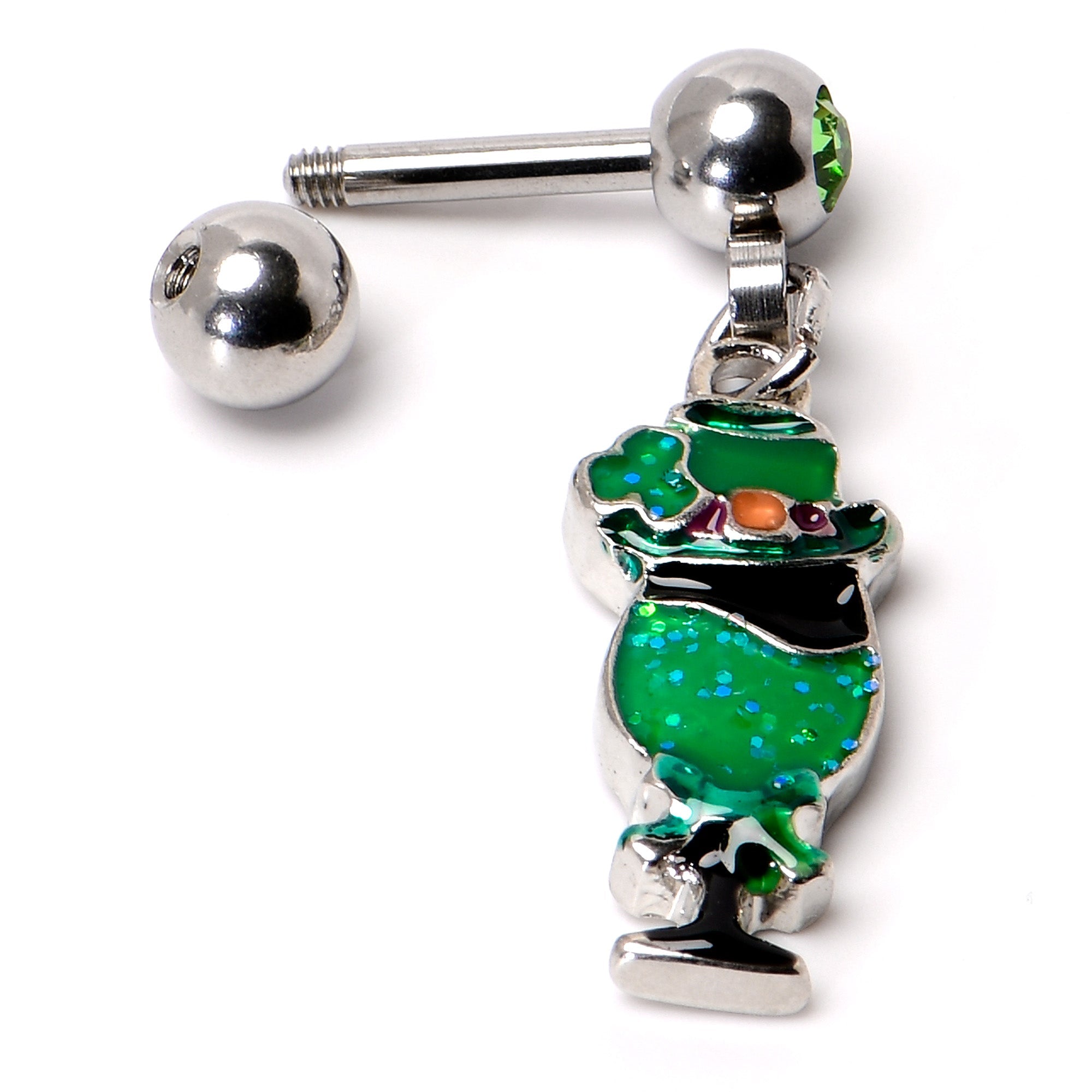 16G 1/4 Green Gem Fancy Leprechaun Dangle Cartilage Tragus Earring