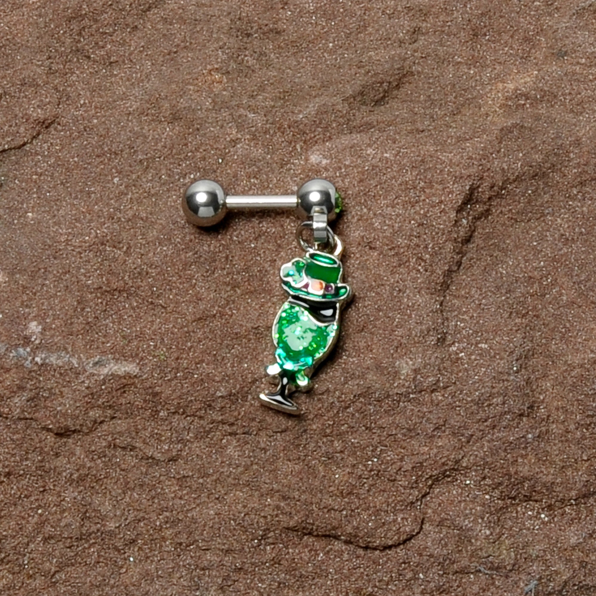 16G 1/4 Green Gem Fancy Leprechaun Dangle Cartilage Tragus Earring