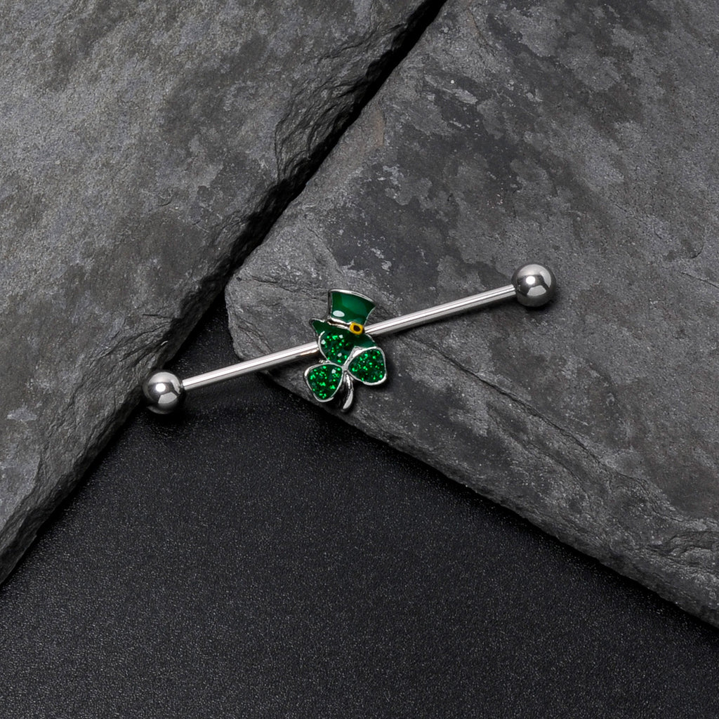 14G Green Gem Top Hat Shamrock St Patricks Industrial Barbell 38mm