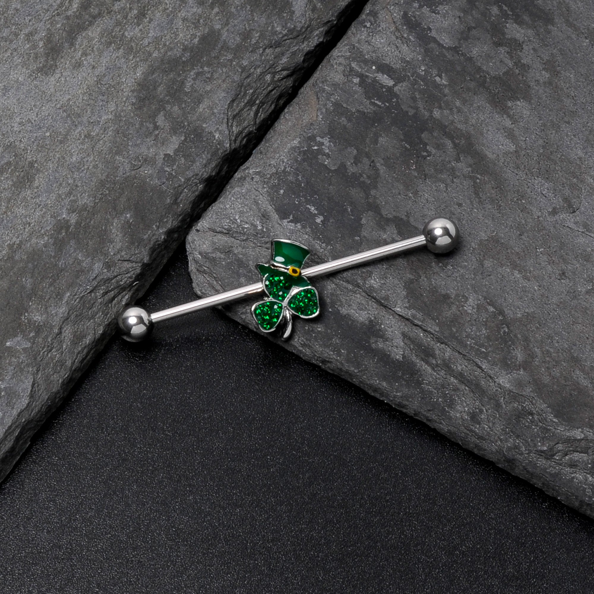 14G Green Gem Top Hat Shamrock St Patricks Industrial Barbell 38mm
