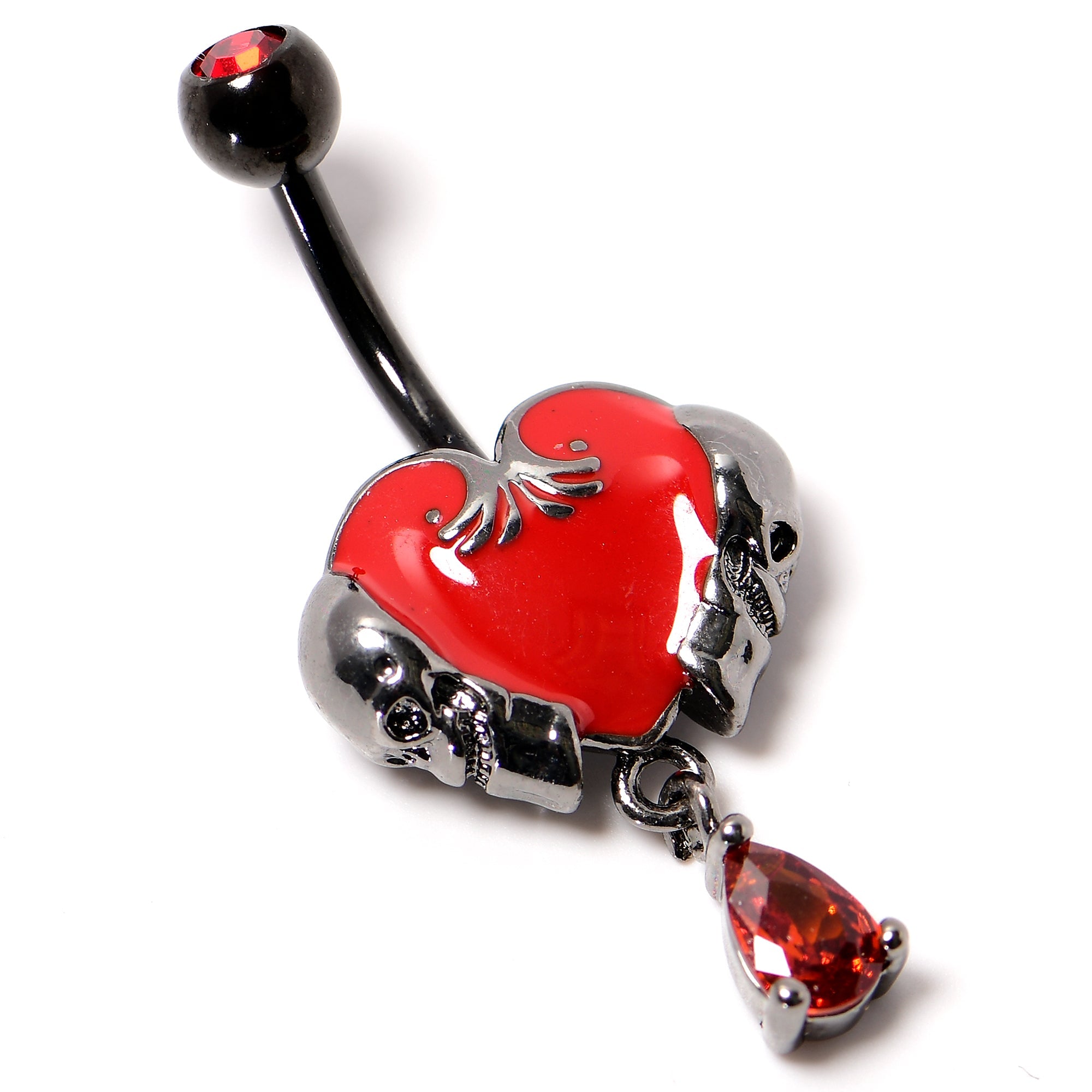 Red CZ Gem Black Double Skull Heart Dangle Belly Ring