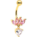 Clear Pink CZ Gem Gold Tone Crown And Heart Dangle Belly Ring