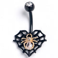 Clear Gem Black Golden Spider Web Heart Belly Ring