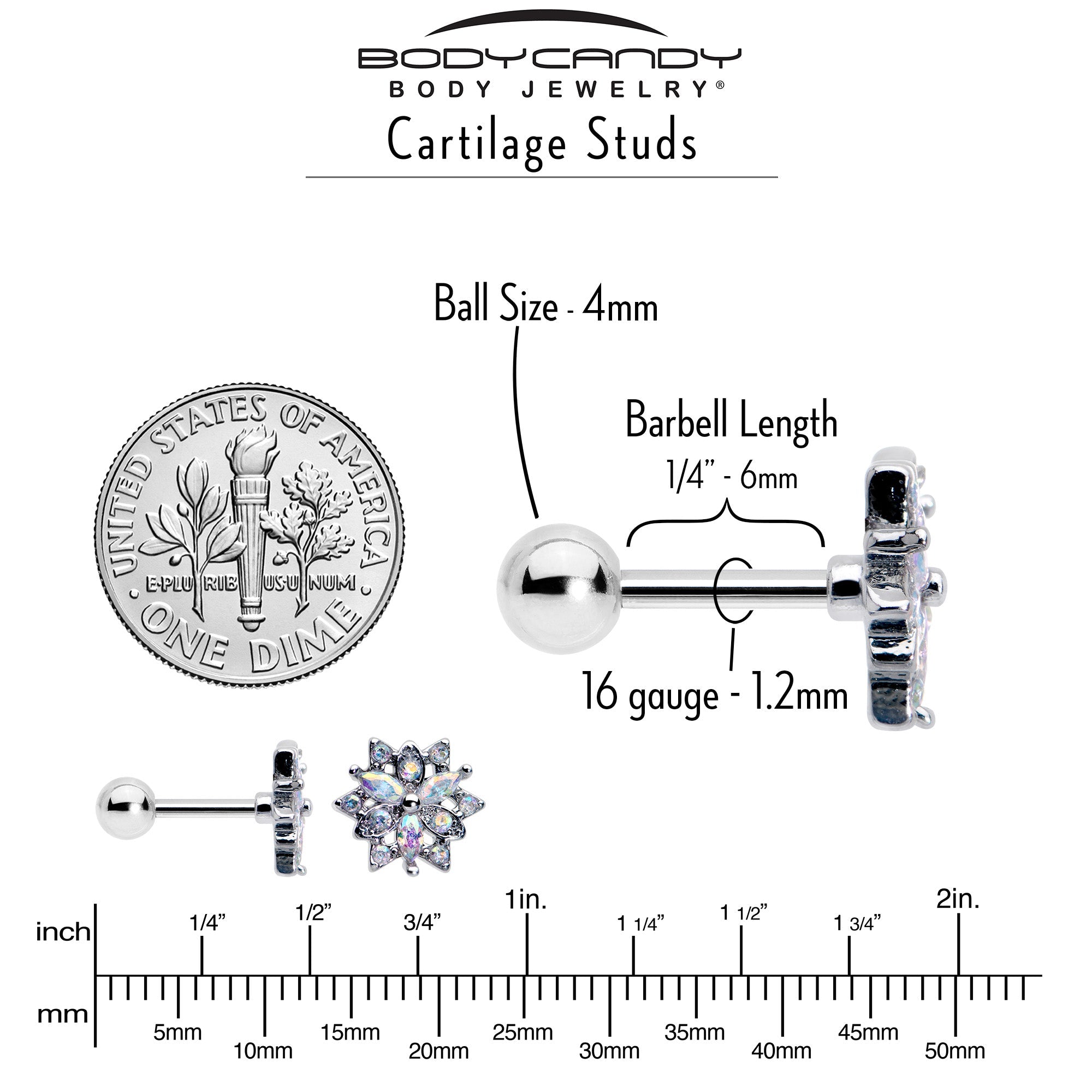 16G 1/4 Aurora CZ Gem Snowflake Style Cartilage Tragus Earring