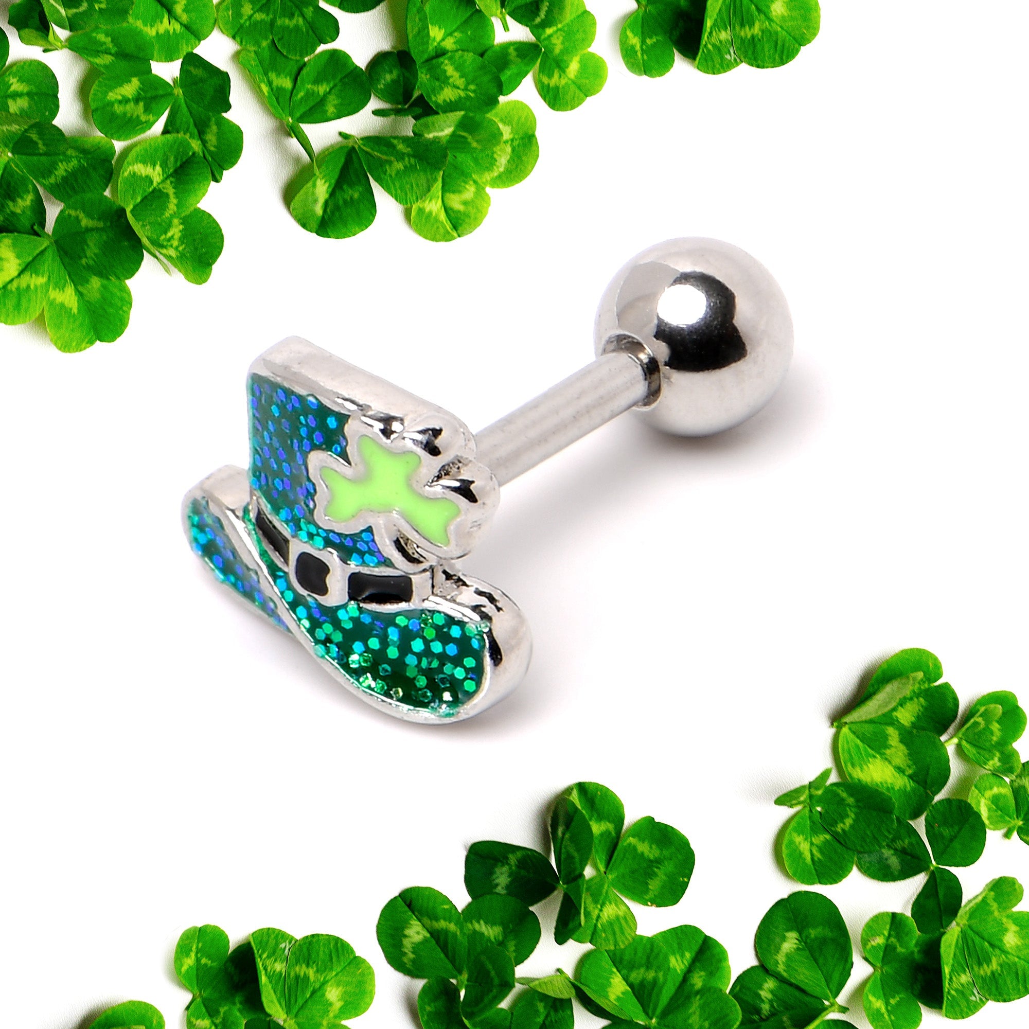 16G 1/4 Glitter Top Hat Shamrock Cartilage Tragus Earring